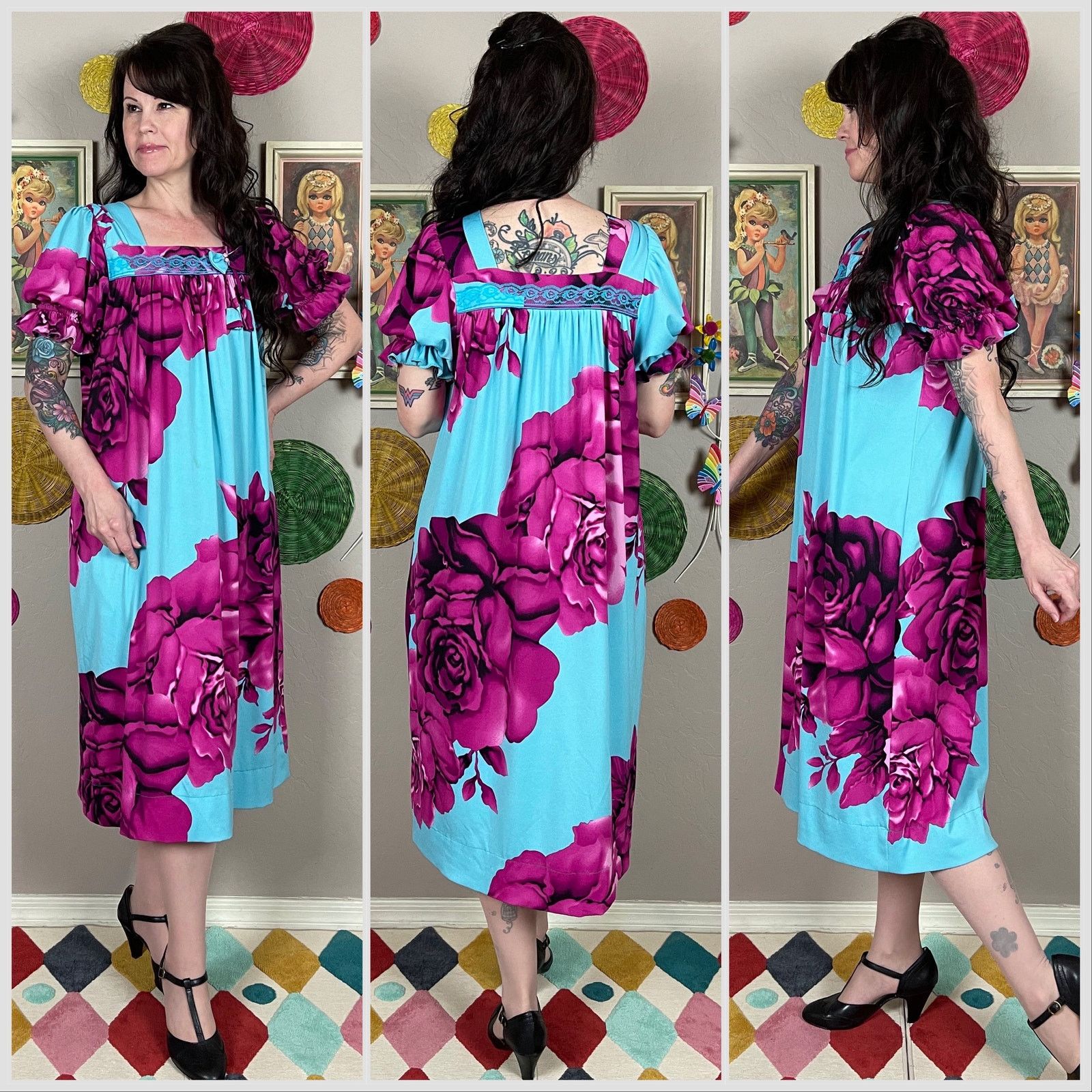 Handmade × Vintage 70s Blue Floral Print Short Puffy Sleeve House Dress Muumuu Size M / US 6-8 / IT 42-44 - 2 Thumbnail