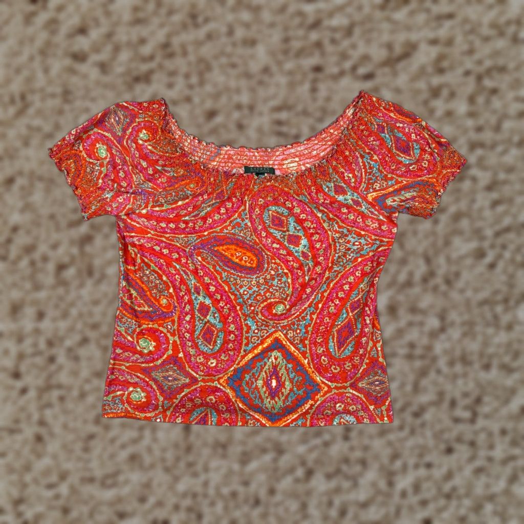 Ralph Lauren VINTAGE Lauren Ralph Lauren Shirt Women Large Red Paisley Boat Neck Cotton Casual 90s Size L / US 10 / IT 46 - 1 Thumbnail