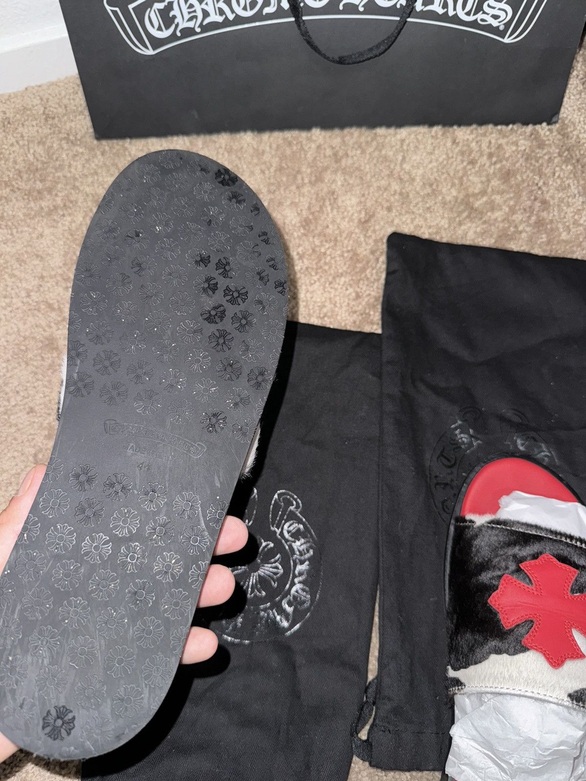 Chrome Hearts Chrome Hearts Red Plus Patch Horsehair Cow Slide Slippers Size US 10.5 / EU 43-44 - 4 Thumbnail