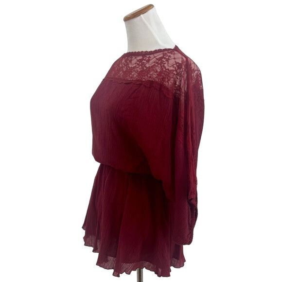 Free People VTG Free People Dark Cherry Lace Trim Crepe Top | Boho Dark Size S / US 4 / IT 40 - 12 Thumbnail