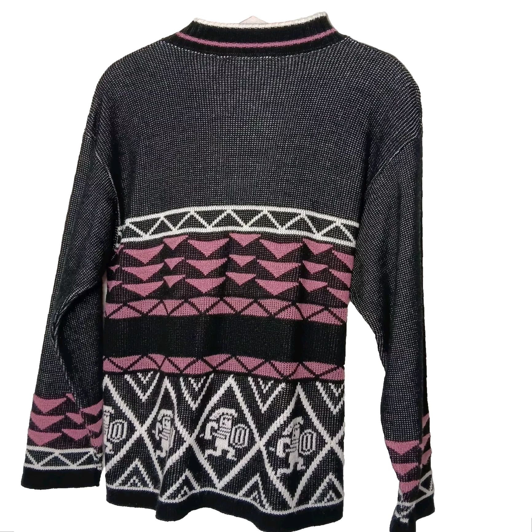 Pinko VINTAGE JC & Louis Aztec Warrior Sweater Pullover Geometric Knit Mock Neck Long Sleeve Black Pink M Womens 80s Retro Size M / US 6-8 / IT 42-44 - 2 Thumbnail