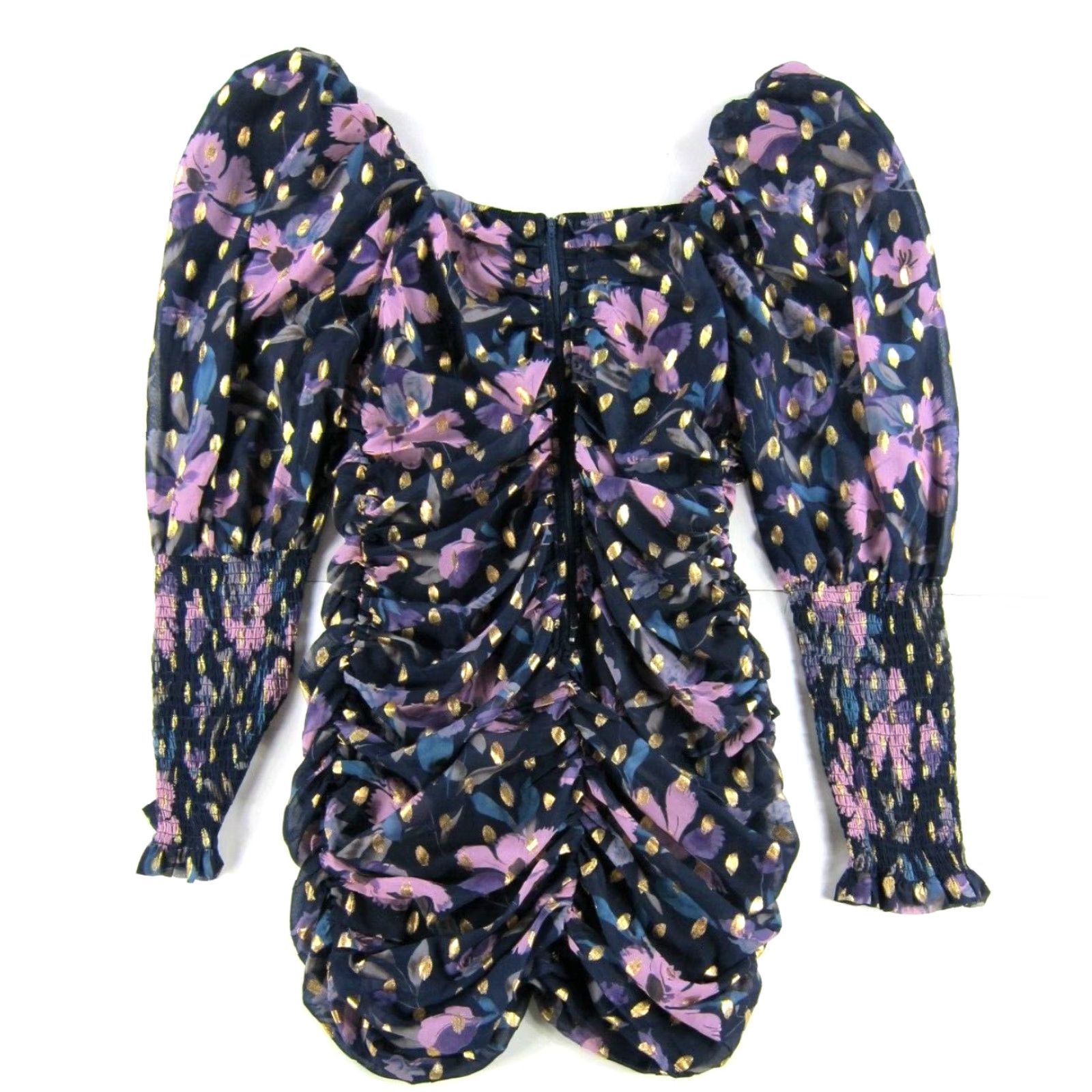 Fashion Nova Fashion Nova Blue Floral Mini Dress Long Puff Sleeve Ruched Large Women Size L / US 10 / IT 46 - 2 Thumbnail