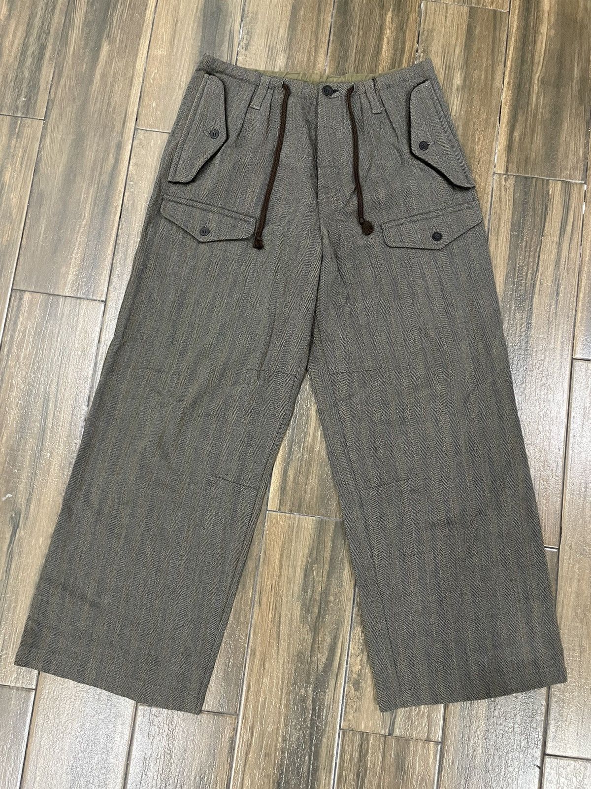 Dries Van Noten High Waist Grey Wool Herringbone Wide Cargo Pants Trousers Size US 31 - 1 Thumbnail