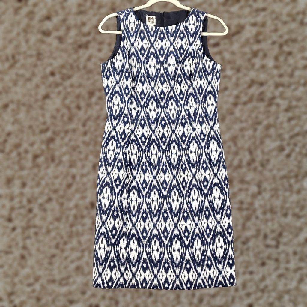 Anne Klein Womens Anne Klein Dress Shift Tank Dress Geometric Blue White Lined Sleeveless Size 6 Short N/A? Size M / US 6-8 / IT 42-44 - 1 Thumbnail