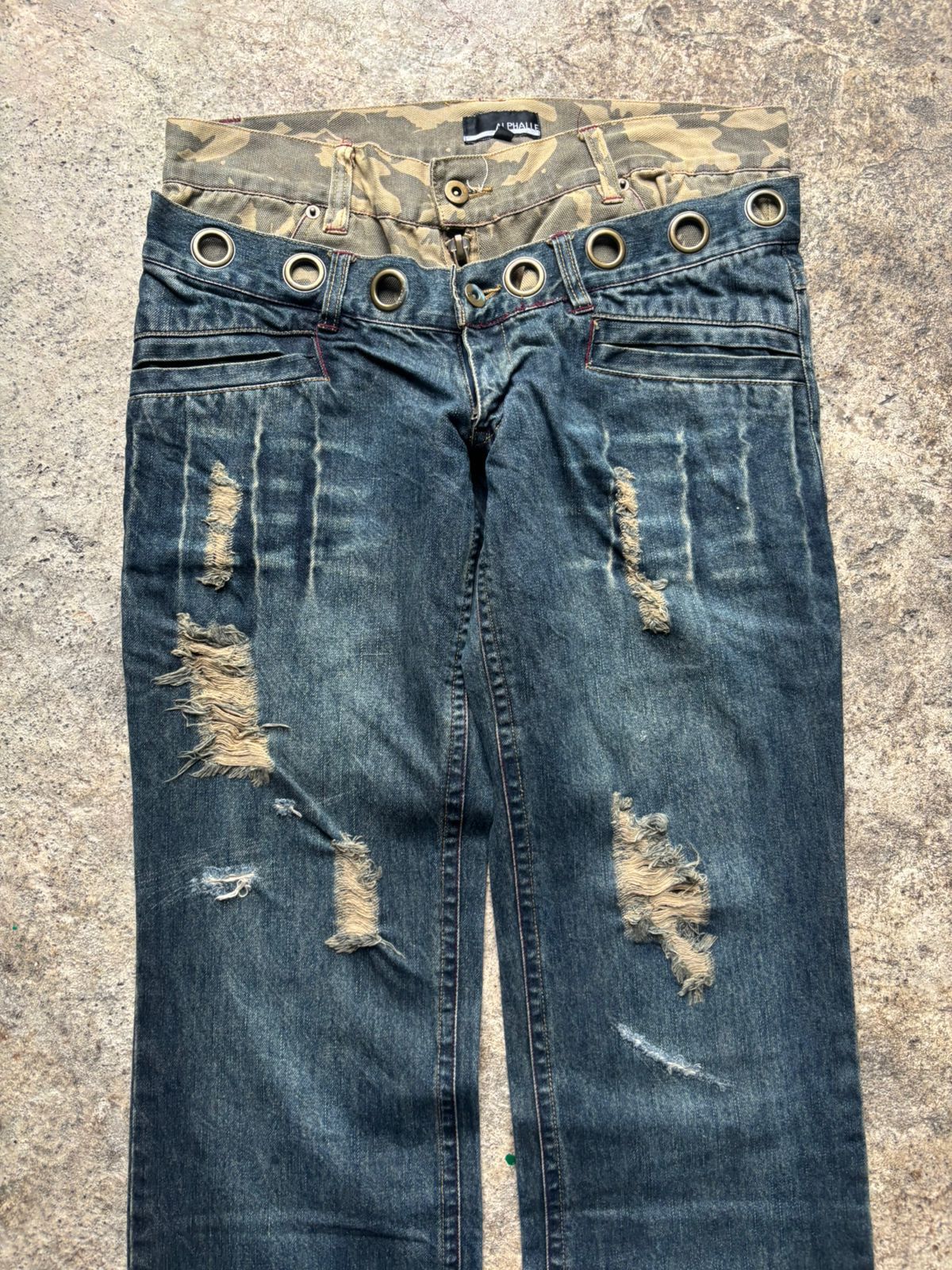 Japanese Brand 2000s Alphalee Japan Hybrid Distressed Double Waist Jeans Size US 31 - 2 Thumbnail