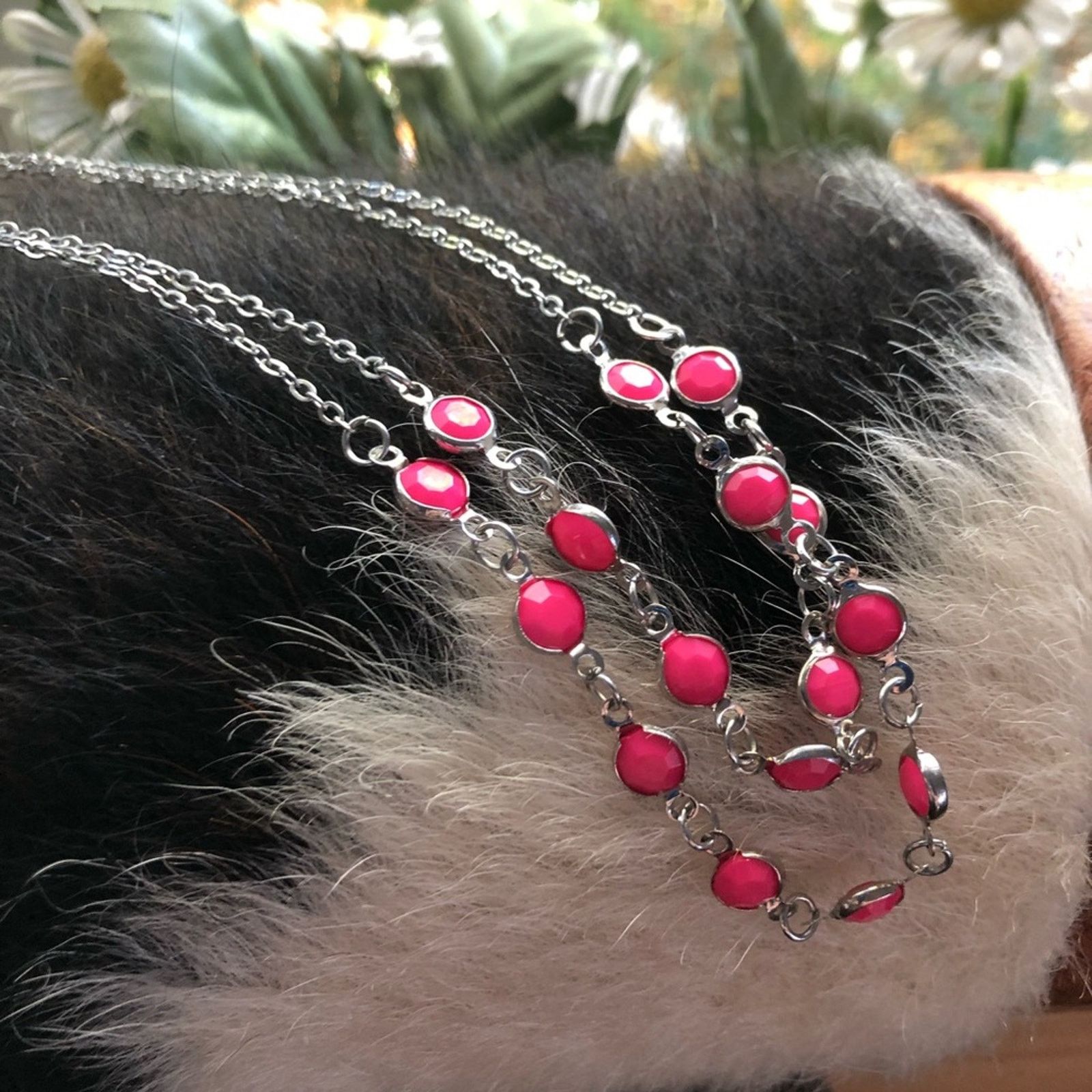 Jewelry Double strand layered framed pink gem chain necklace Size ONE SIZE - 4 Thumbnail