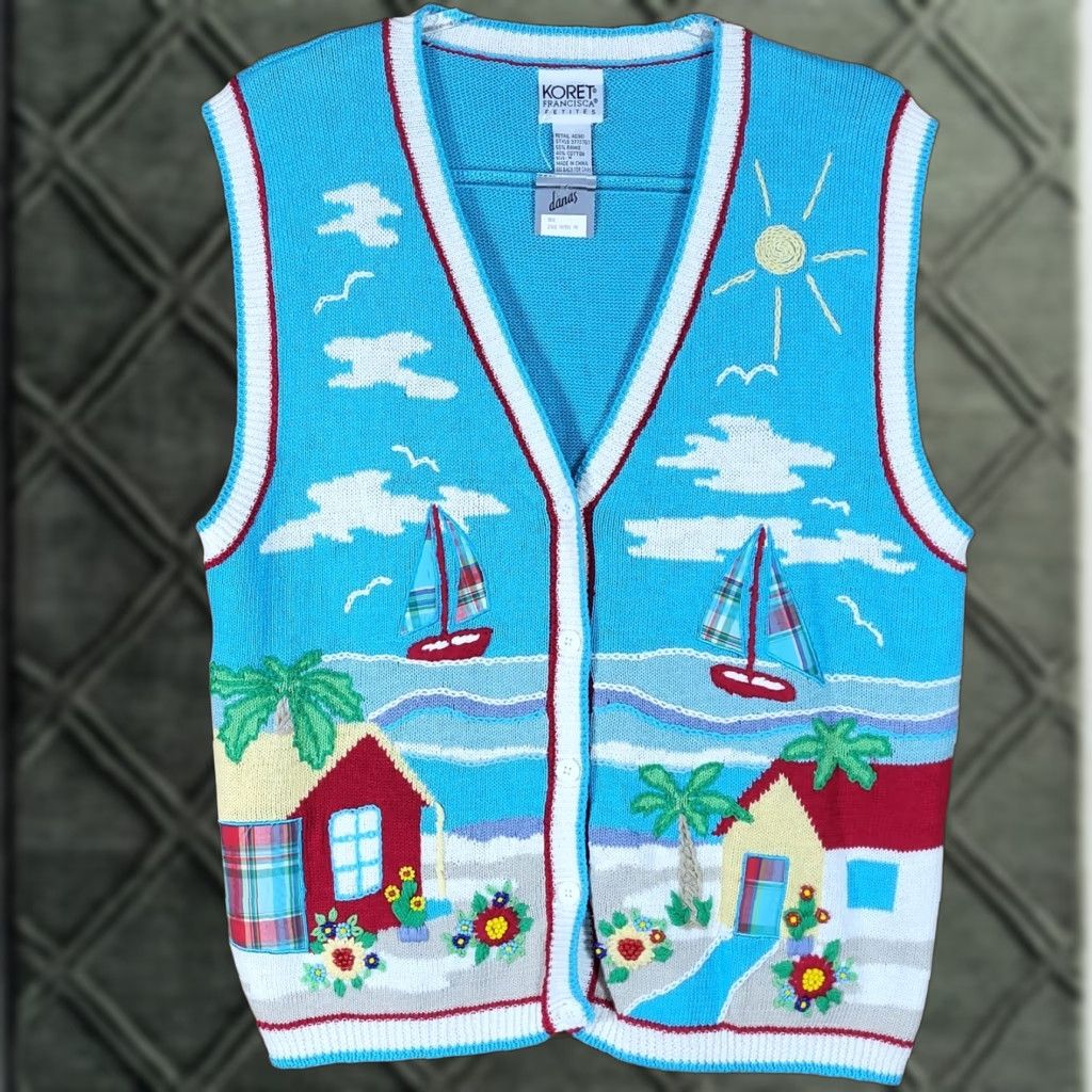 Vintage Vtg Koret Vest Shirt Women PM Blue Sailboat Plaid Knit Beaded Embroidered V-Neck Sleeveless Cardigan Casual Travel Surf Nautical 90s Size M / US 6-8 / IT 42-44 - 1 Thumbnail