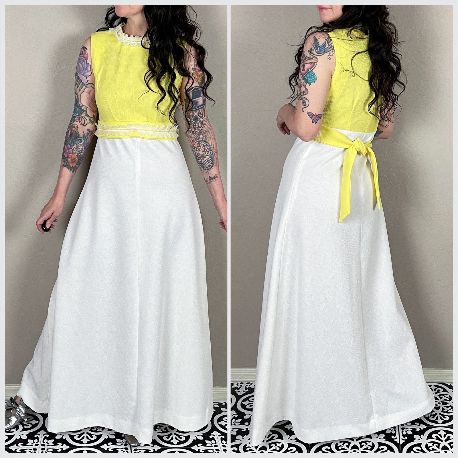 Vintage 1960s Yellow and White Sleeveless A-line Maxi Prom Dress Size M / US 6-8 / IT 42-44 - 3 Thumbnail