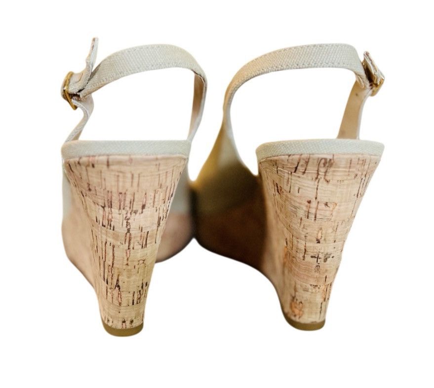 Elie Tahari Tahari Beige Canvas Cork Wedge Slingback Peep Toe Heels 9M Size US 9 / IT 39 - 3 Thumbnail