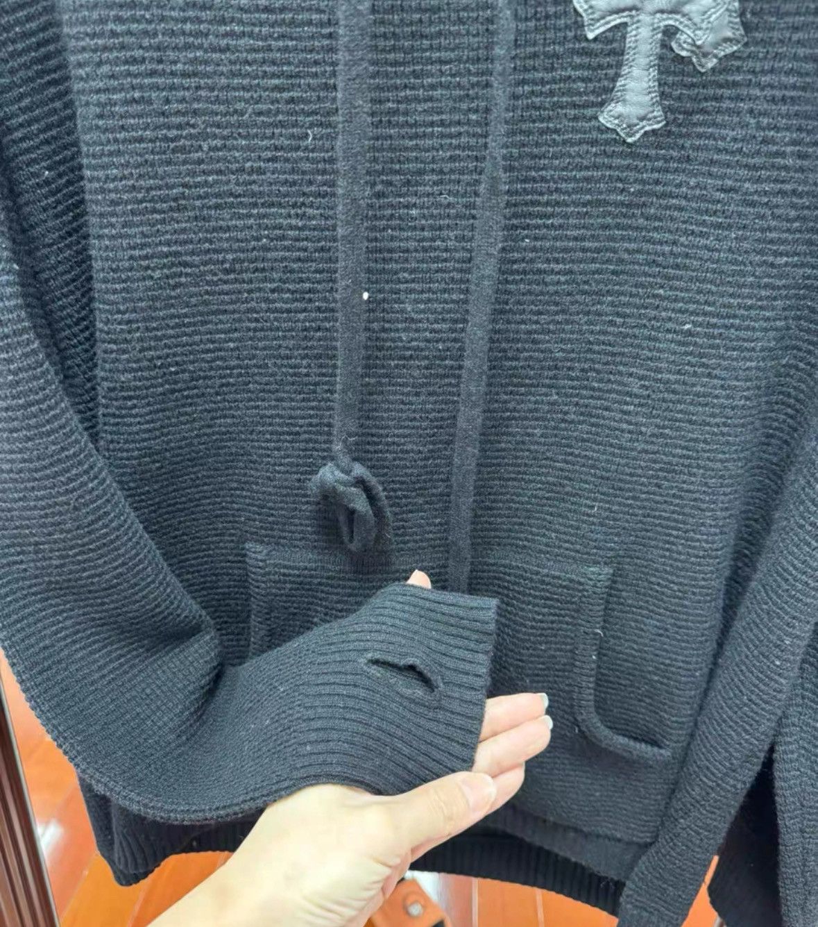Chrome Hearts Cashmere leather cross patch waffle knit silver hoodie Size US M / EU 48-50 / 2 - 5 Thumbnail