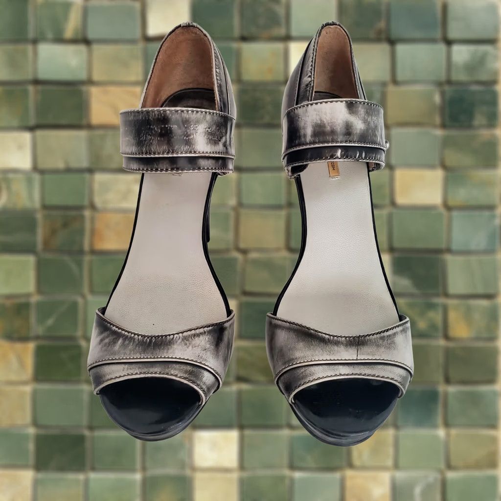 Vintage Max Studio Heels 6.5 Gray Leather Ankle Strap Distressed Denim look Peekaboo toe Size US 7 / IT 37 - 1 Thumbnail
