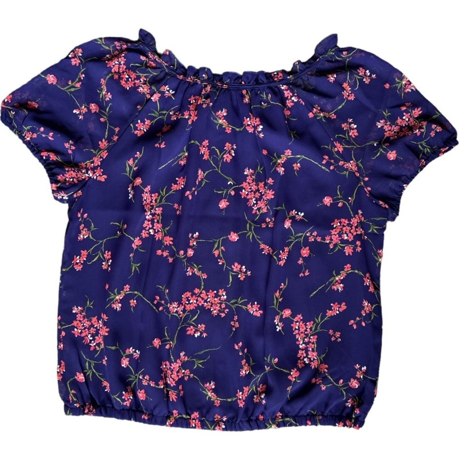 Apt. 9 Apt.9 Purple Floral Peasant Ruffled Short Sleeve Blouse, PM Size M / US 6-8 / IT 42-44 - 3 Thumbnail