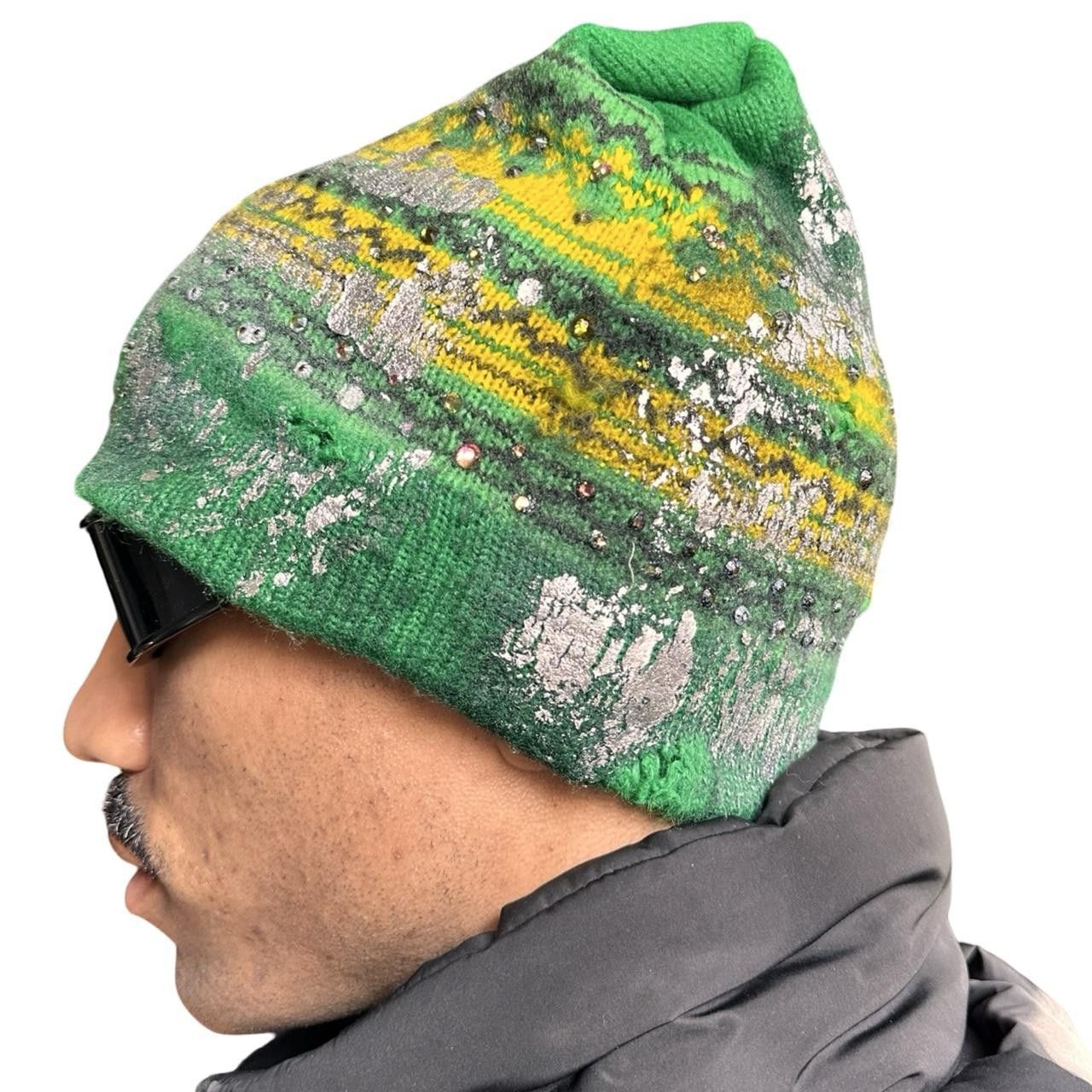 ASTROBOI* 'LIME DECAY' GREEN FAIR ISLE RIPPED KNIT BEANIE