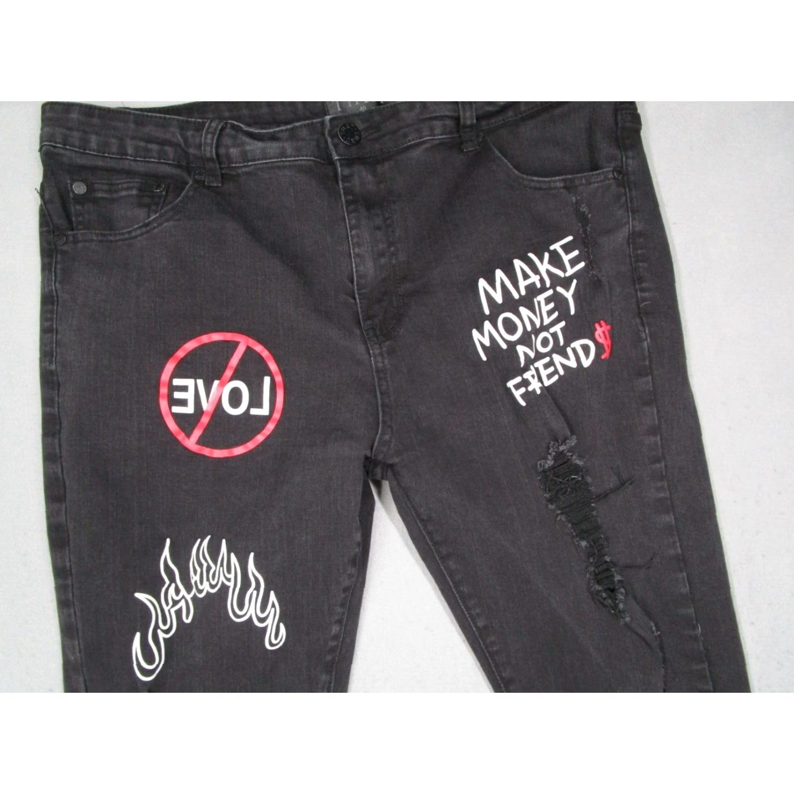 Denime VINTAGE THRT Men's Jeans 40 Black Straight Denim Distressed Graffiti Make Money 2000s Mens Size US 40 / EU 56 - 5 Thumbnail