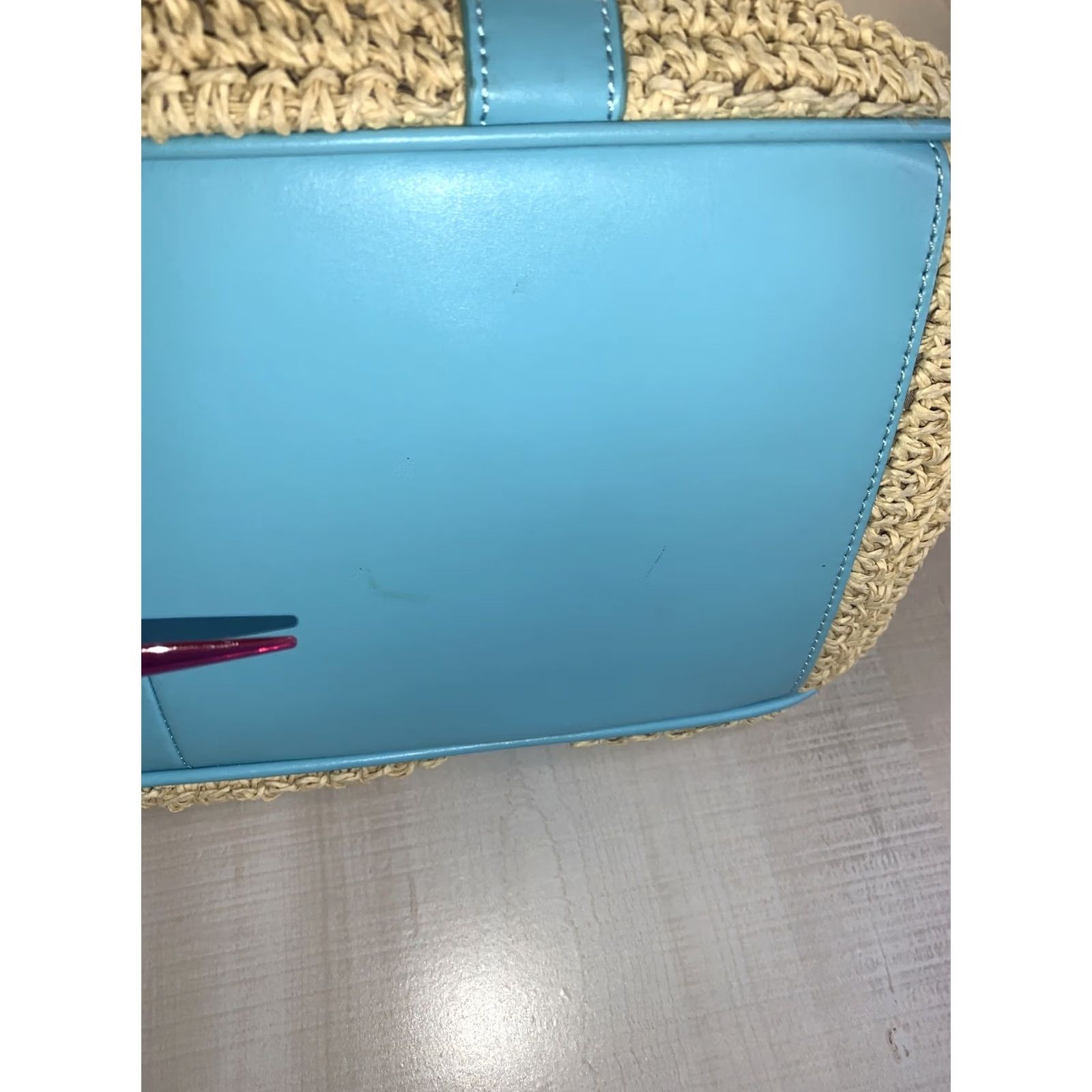 Talbots VINTAGE Talbots Paper Straw Woven Bag Shoulder Bag Womens Teal Blue Leather Trim Gold Accents Size ONE SIZE - 5 Thumbnail