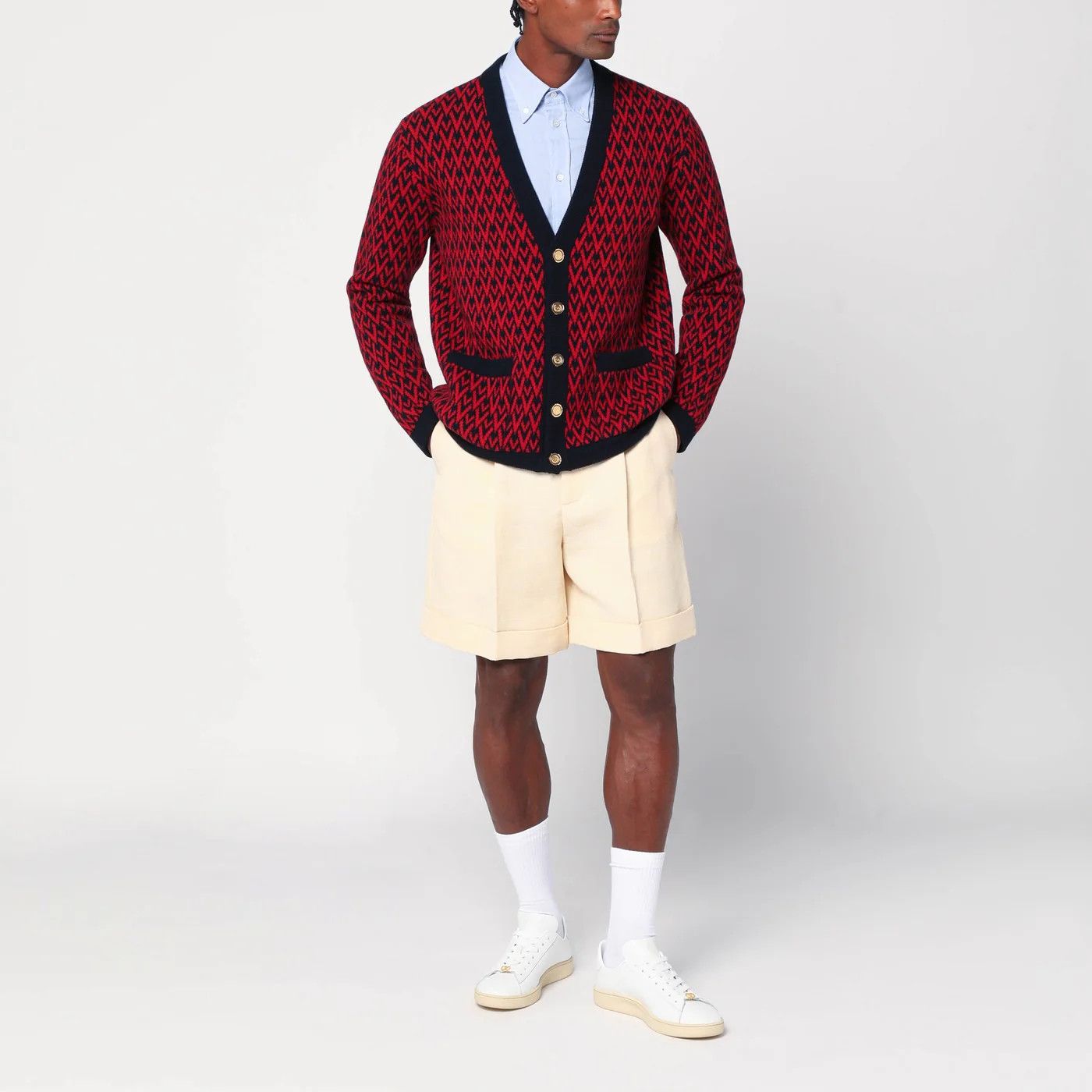 Valentino o1d2blof0326 Jacquard Patterned Cardigan in Red/Navy Blue Size US M / EU 48-50 / 2 - 1 Thumbnail
