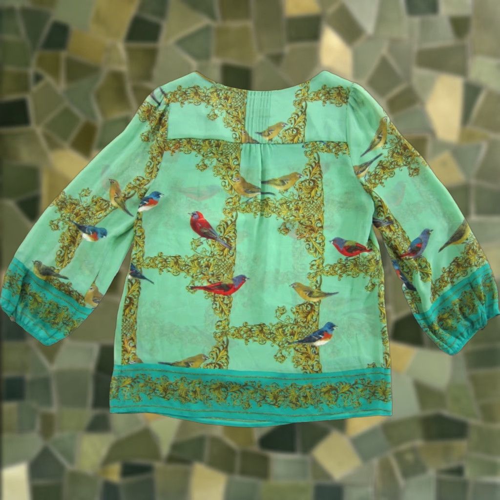 Vintage Vanessa Virginia Blouse Long Sleeve Shirt 6 Green Sheer Bird 100% Silk Classic Womens Size M / US 6-8 / IT 42-44 - 1 Thumbnail