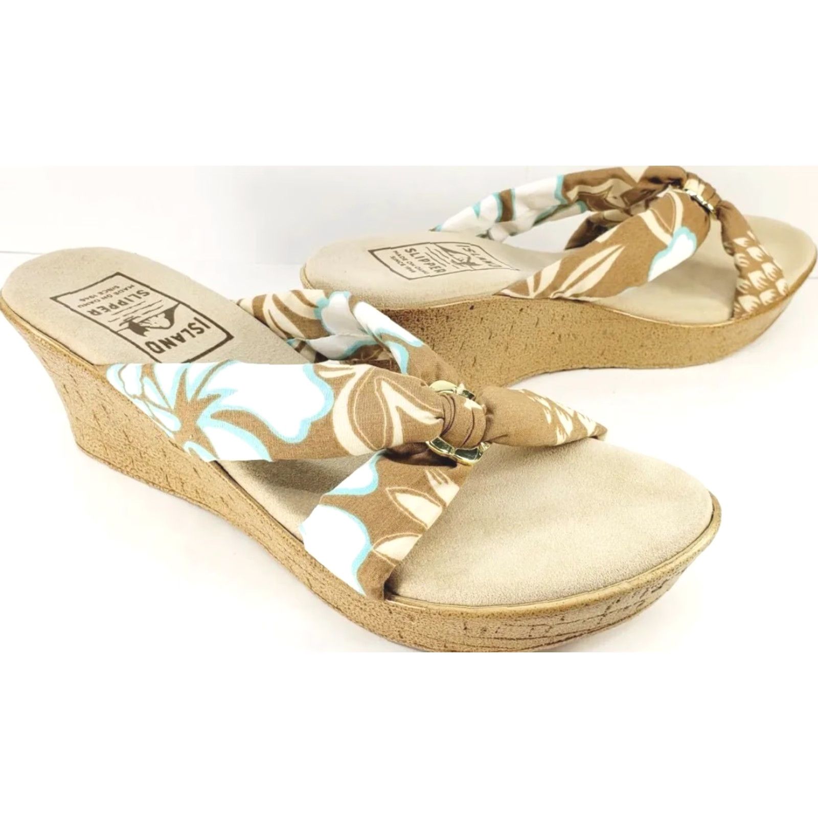 Vintage Island Slipper Sandal Women's 10M Brown Blue White Tropical Floral Patterned Fabric Straps Slide Wedge Sandal Size US 10 / IT 40 - 2 Thumbnail