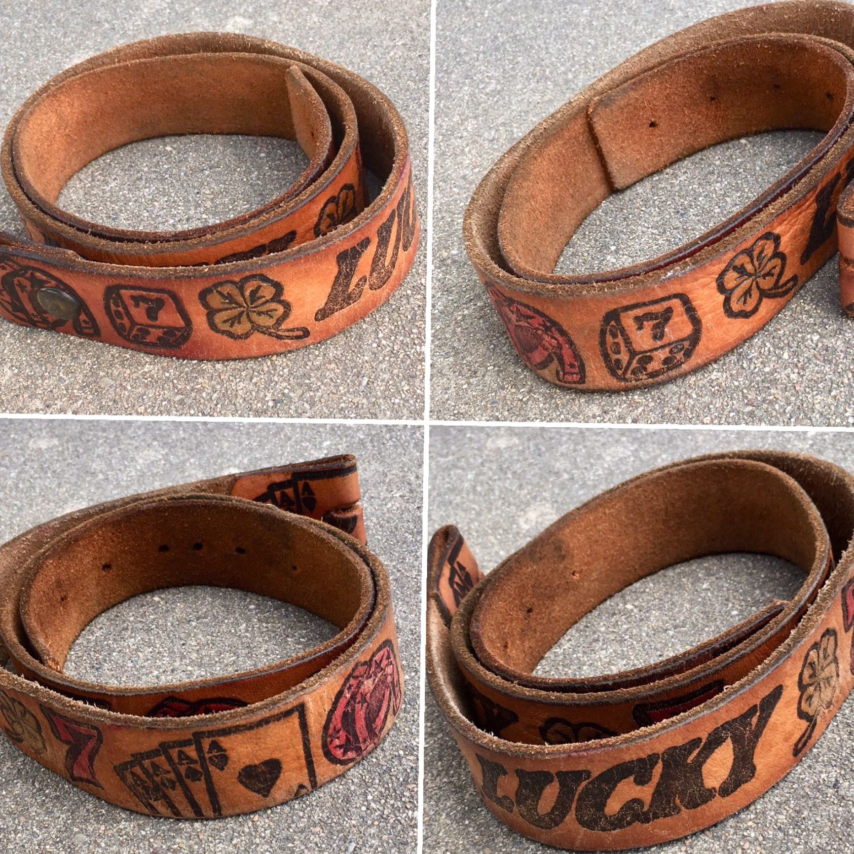Vintage VINTAGE Tooled Leather Belt Gambling Theme Lucky 7 Clover Cards Horse Shoe Dice Brown Leather Adult Unisex Casual Rockabilly Size ONE SIZE - 2 Thumbnail
