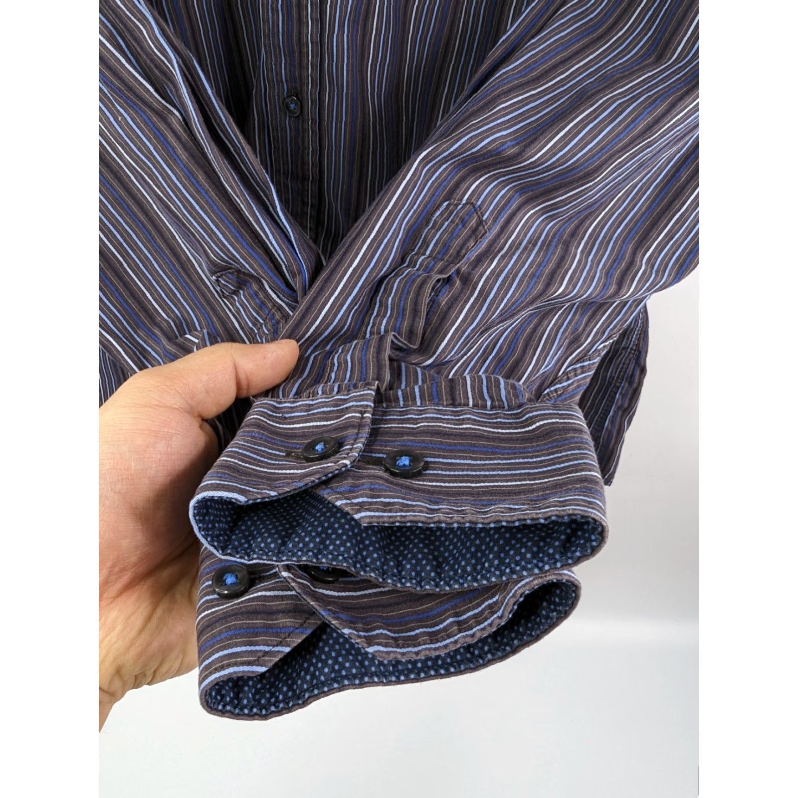 Tailorbyrd TAILORBYRD Dress Shirt Long Sleeve Multicolor Striped Blue Brown Classic Fit Men's XL Size 46R - 3 Thumbnail