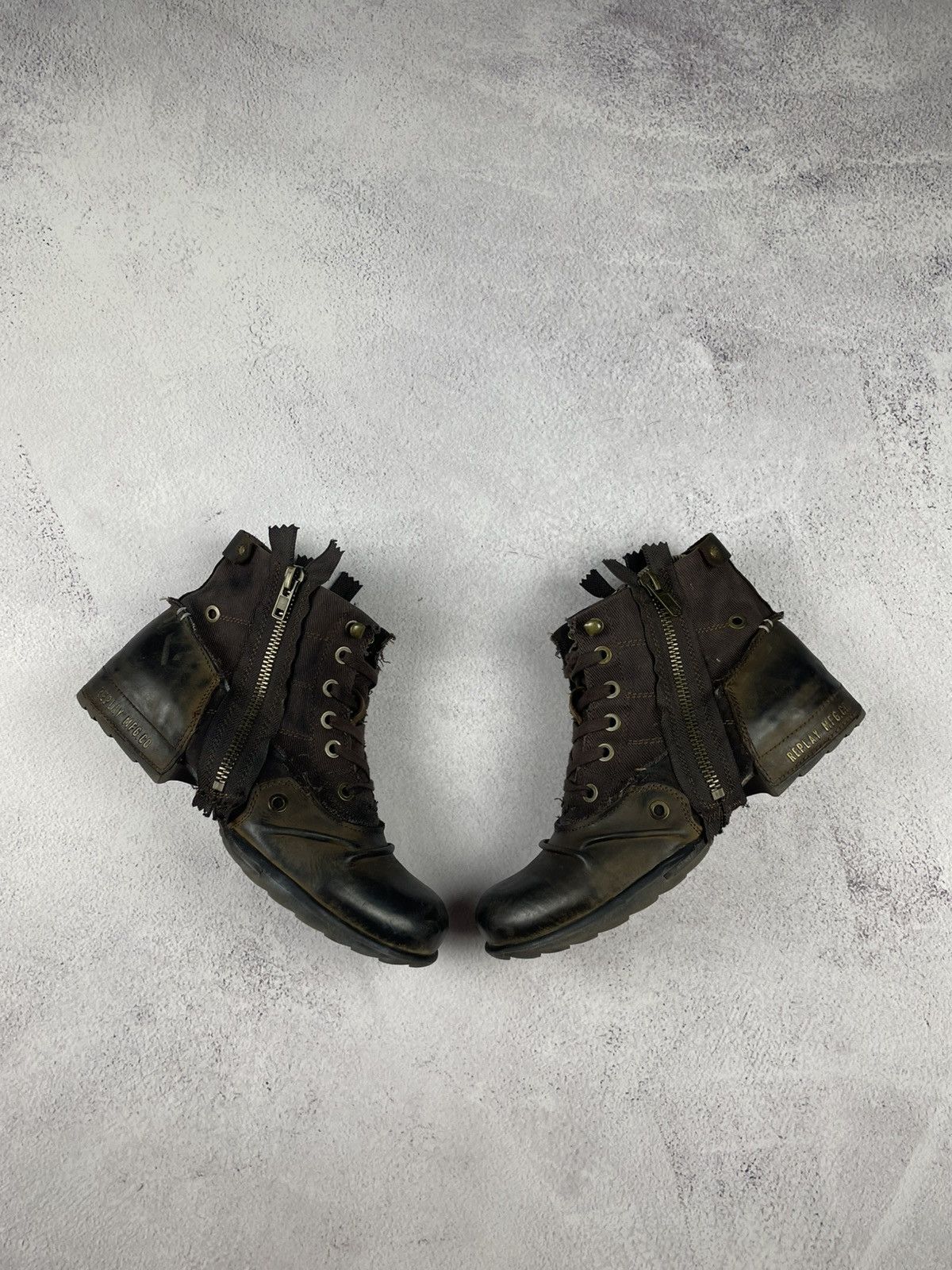 Vintage Replay Heel Shoes Rick Owens Style Leather Biker Boots in Brown, Men's (Size 10)