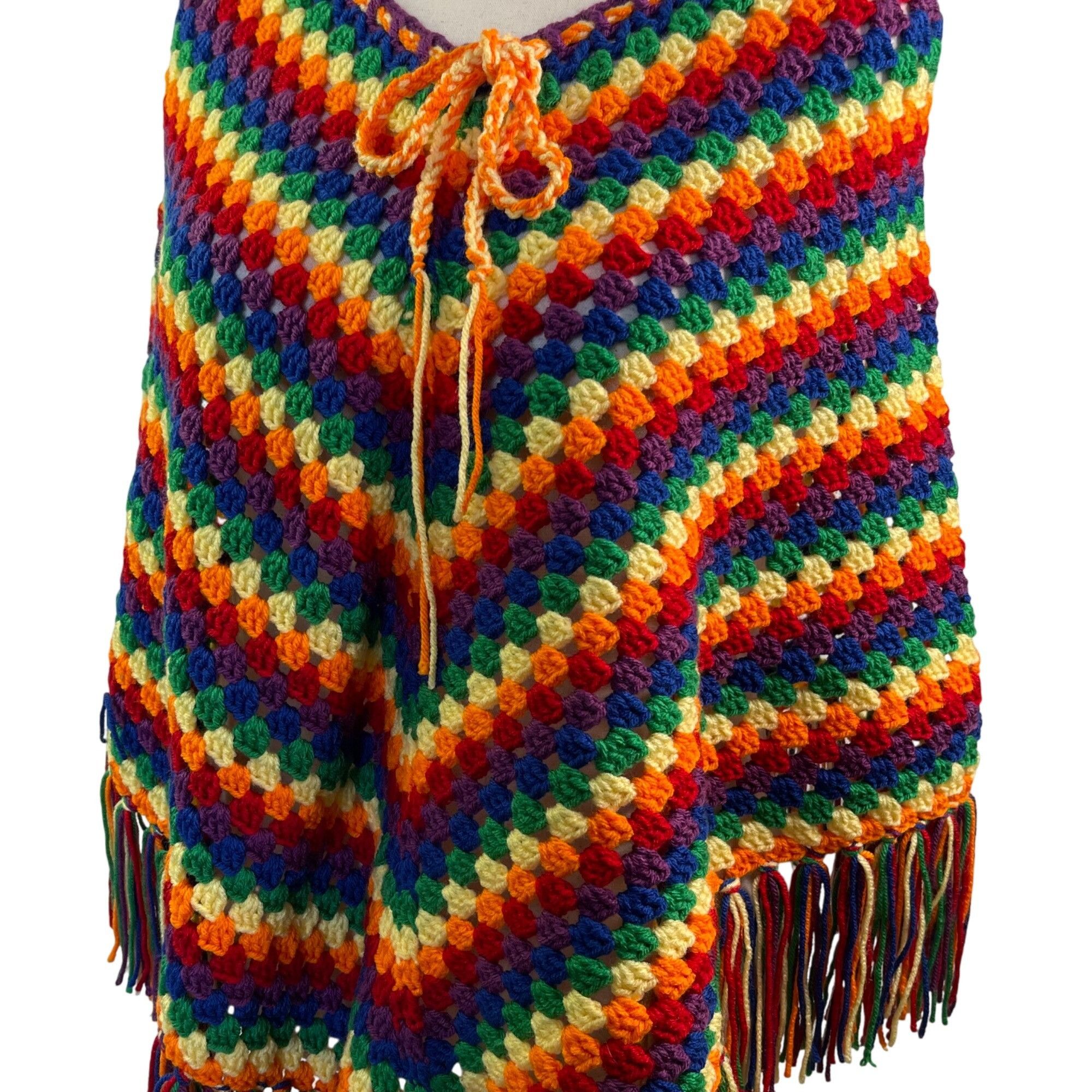 Handmade Crochet Poncho Fringed Rainbow Color Granny Square Stitch Un Size ONE SIZE - 2 Thumbnail
