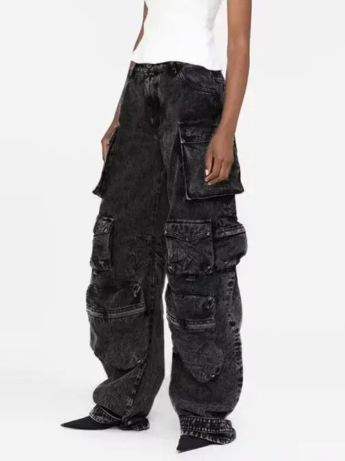 image of High Waist Patchwork Pockets Solid Minimalist Denim Trousers in Black, Men's (Size 27)