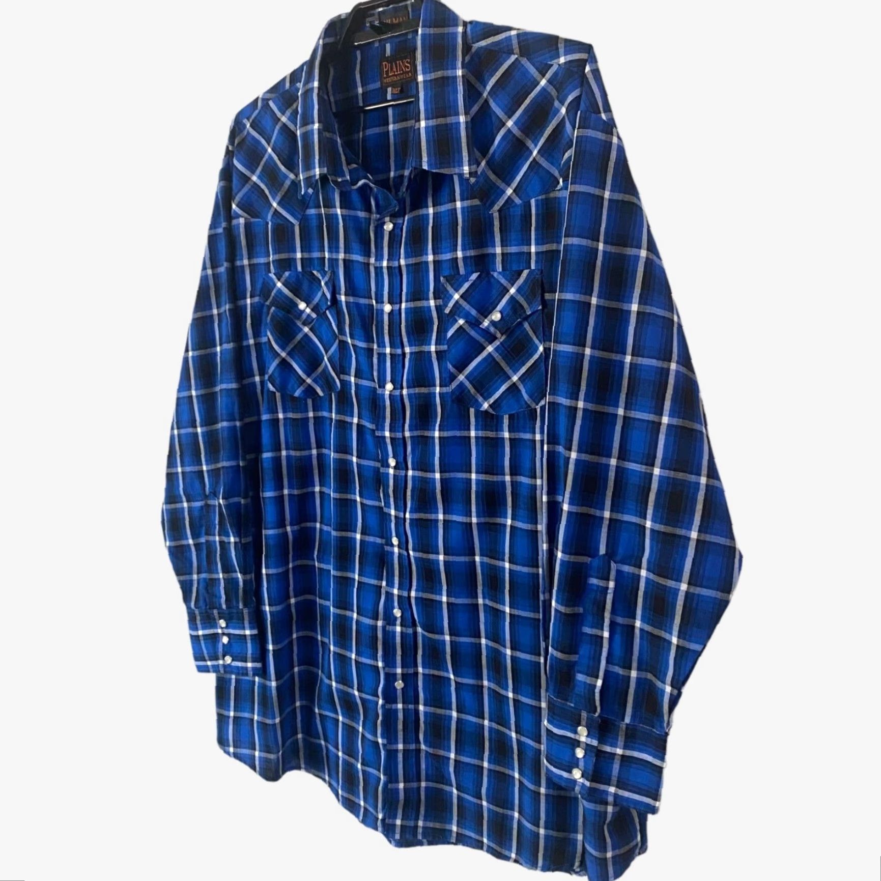 Vintage Plains Western Wear Button-Up Shirt Plaid Blue Long-Sleeve Mens 3XLT Snap Pocket Western Cotton Blend Swingo? Size US XXL / EU 58 / 5 - 2 Thumbnail
