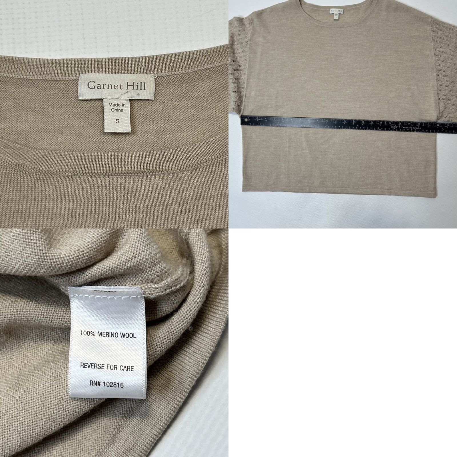 Vintage Garnet Hill Sweater Women’s Small Tan Pointelle Knit Dolman Half Sleeve Relaxed Fit Crew Neck Size S / US 4 / IT 40 - 8 Thumbnail