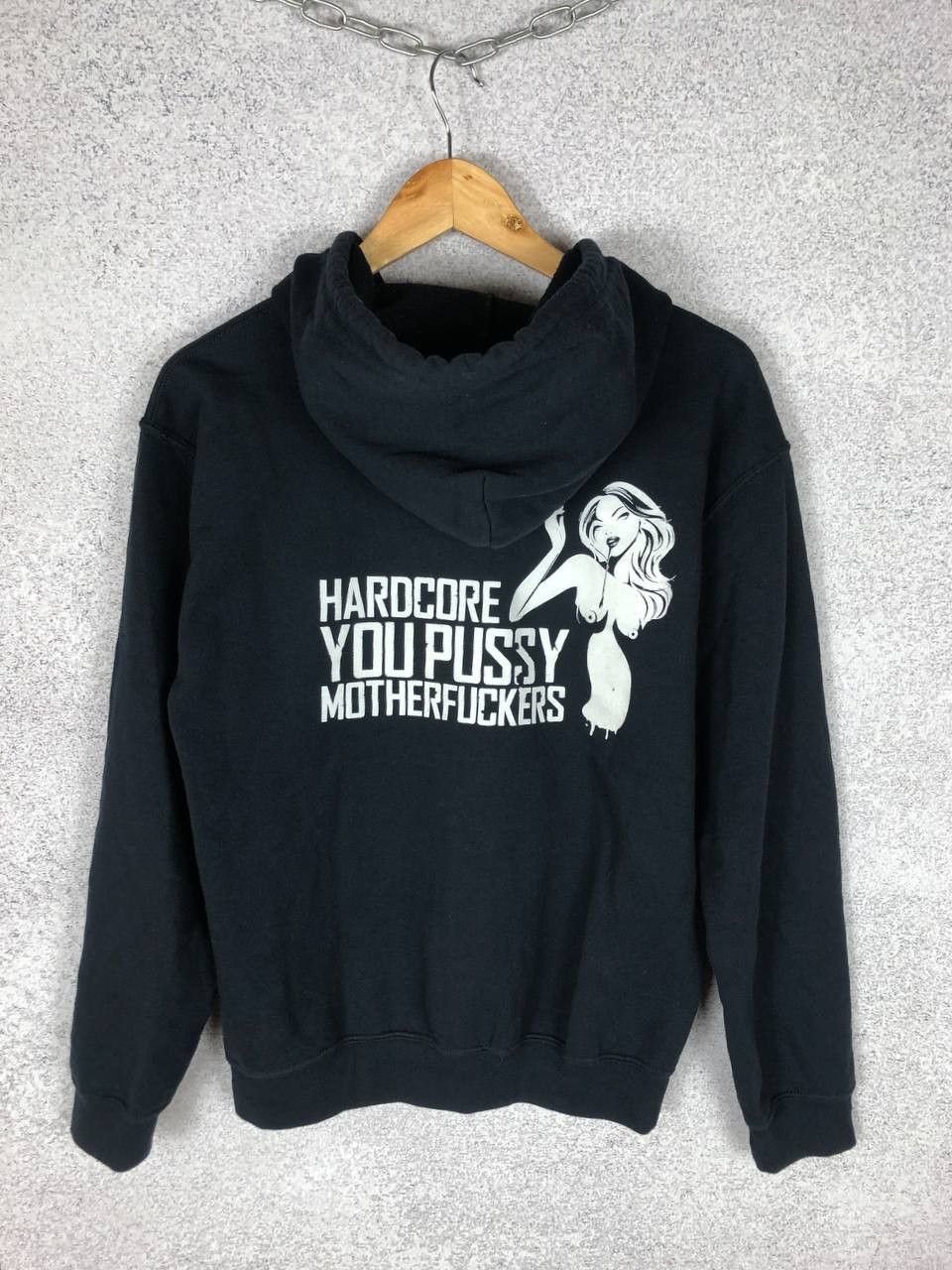 image of Band Tees x Thunderdome Vintage Hardcore You Pussy Motherfuckers Band Zip Hoodie in Black (Size Sma