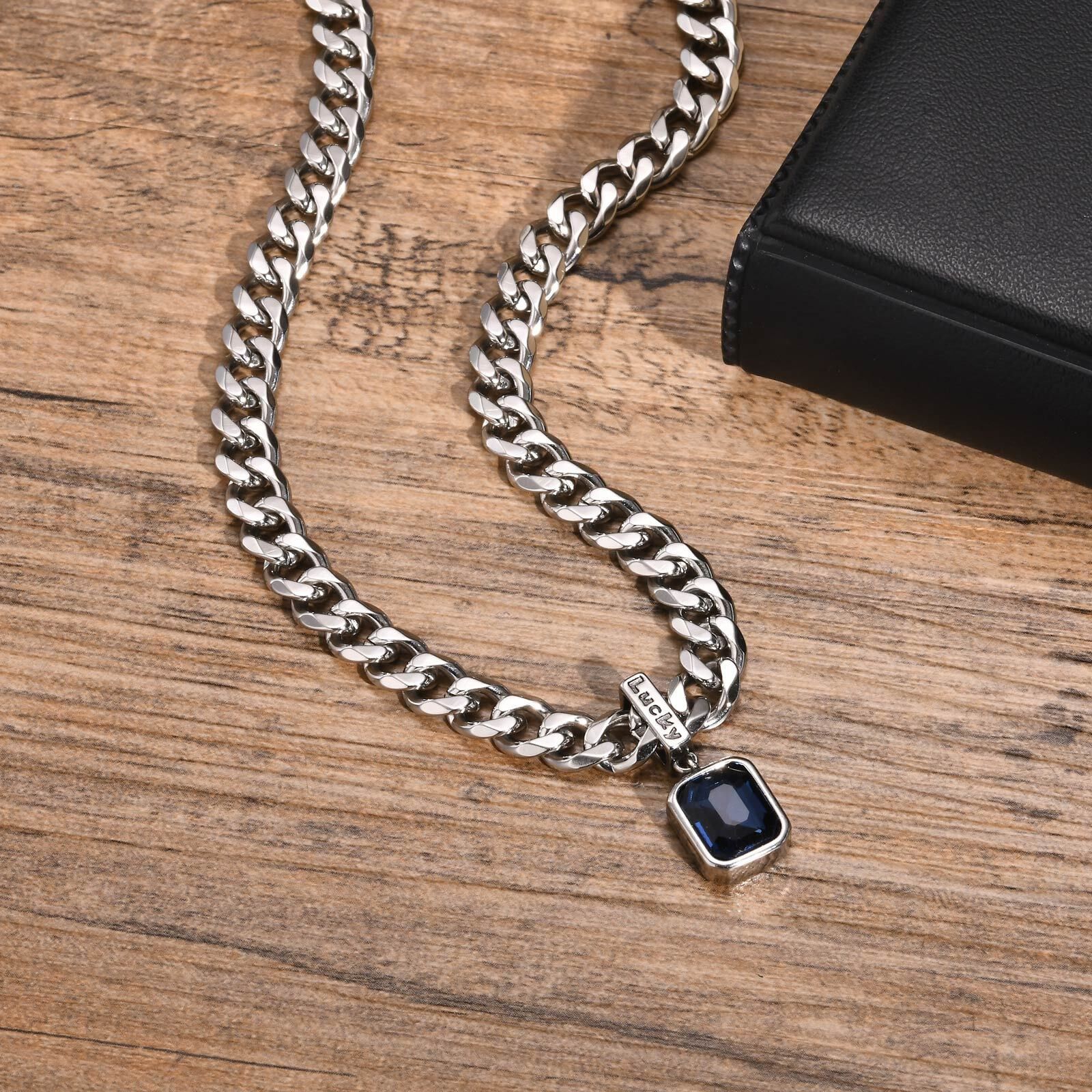 Jewelry 47cm Sea Blue Zircon Steel Lucky Words Pendant Necklace Size ONE SIZE - 1 Thumbnail
