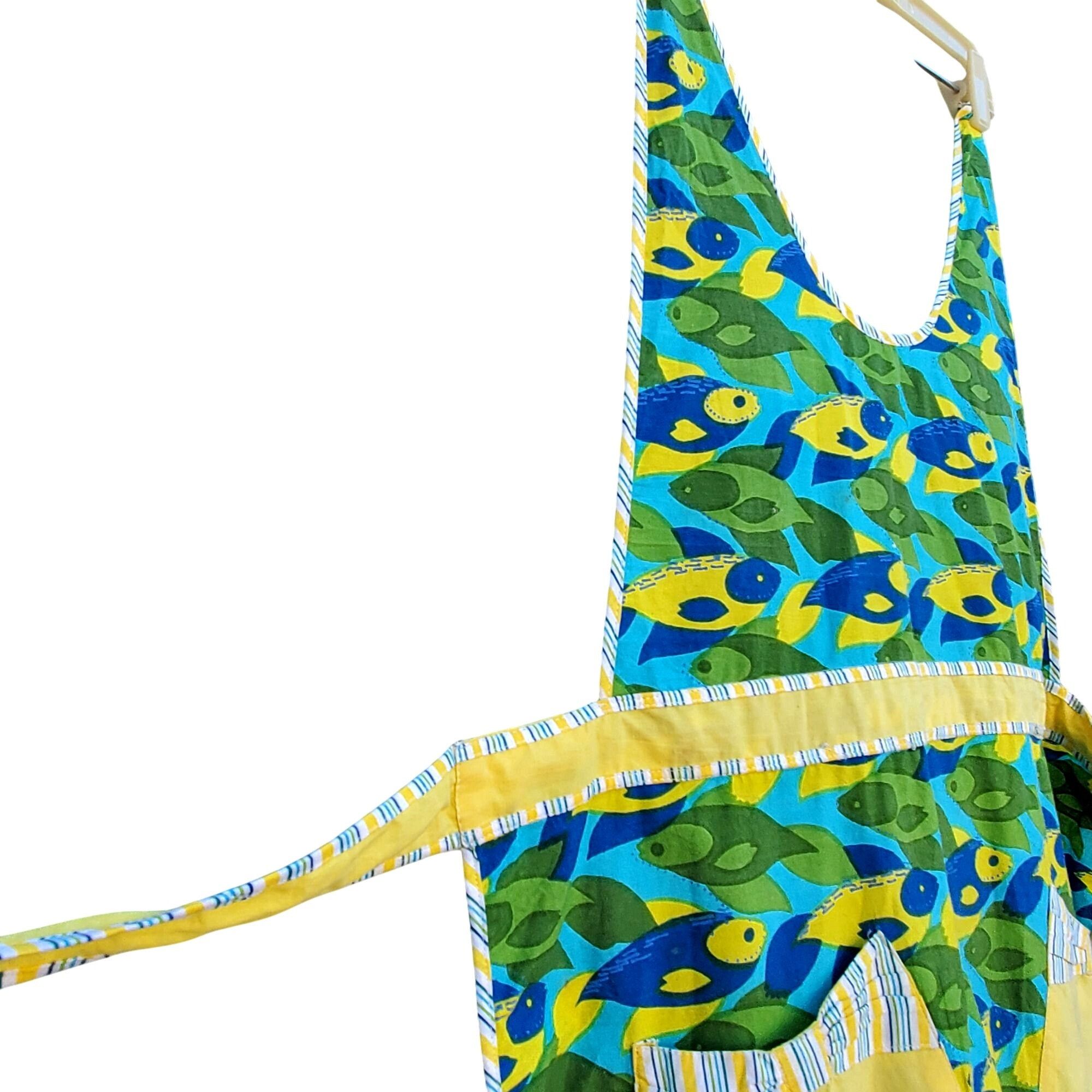Other Retro Ruffled Bib Apron Colorful Blue Green Fish Pattern wit Size ONE SIZE - 5 Thumbnail