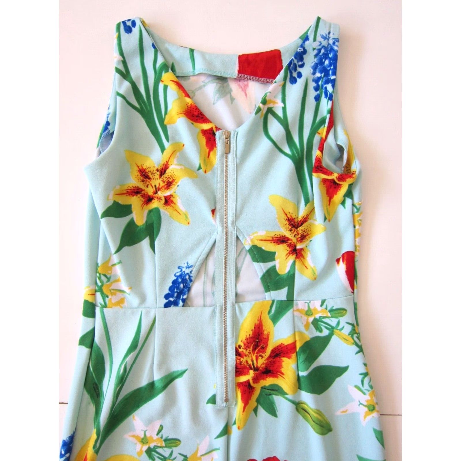 Vintage New York & Company Stretch Sleeveless Sheath Dress S Blue Tulip Flower Midi Dress Size S / US 4 / IT 40 - 5 Thumbnail