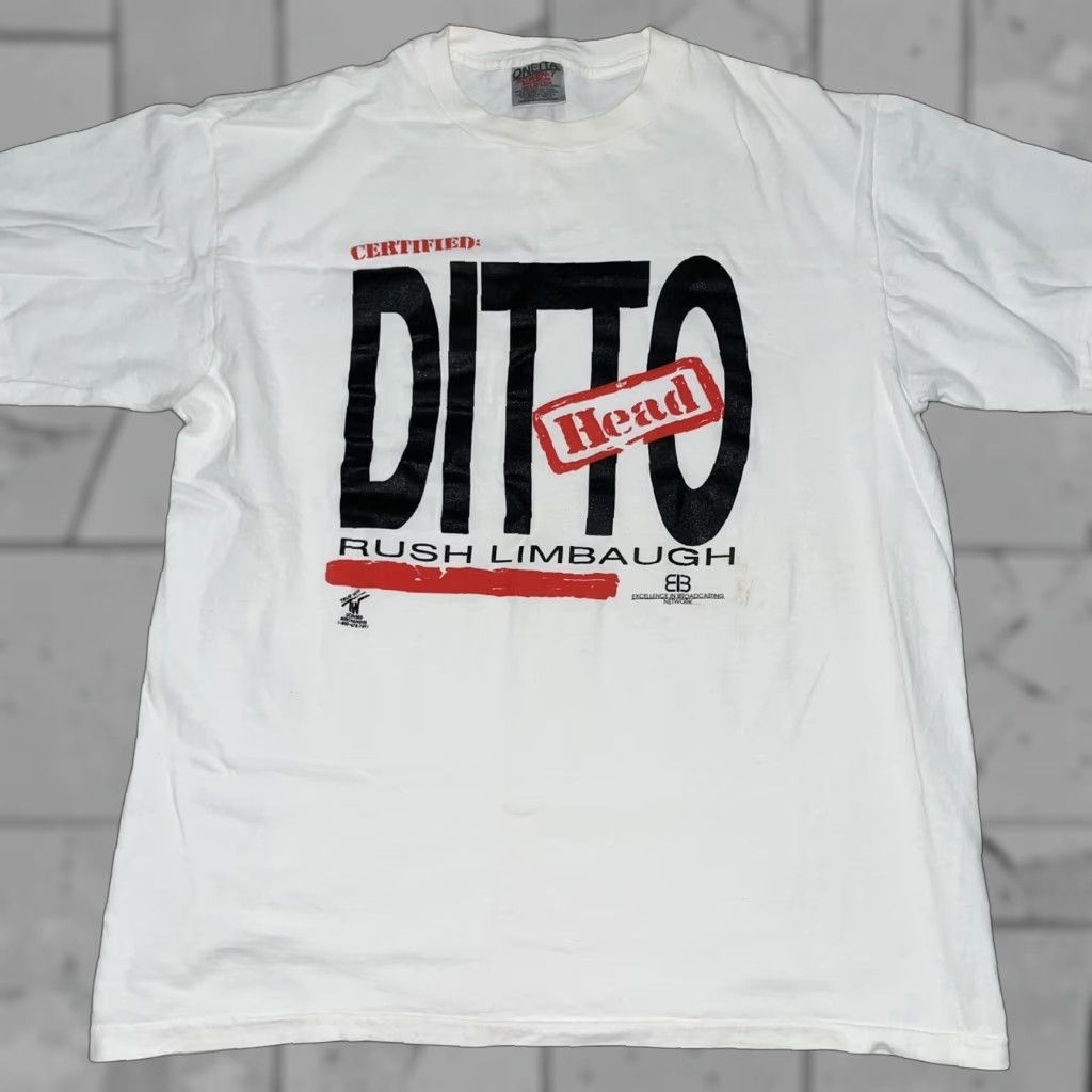 Vintage VINTAGE Oneita Rush Limbaugh Ditto Head Single Stitch T-Shirt Men L White Logo Stitch Mens Size US L / EU 52-54 / 3 - 1 Thumbnail