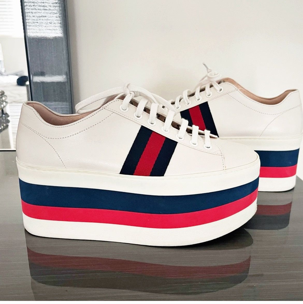 Gucci Authentic Gucci Web Striped Peggy Platform Sneakers 37.5 Size US 7.5 / IT 37.5 - 2 Thumbnail