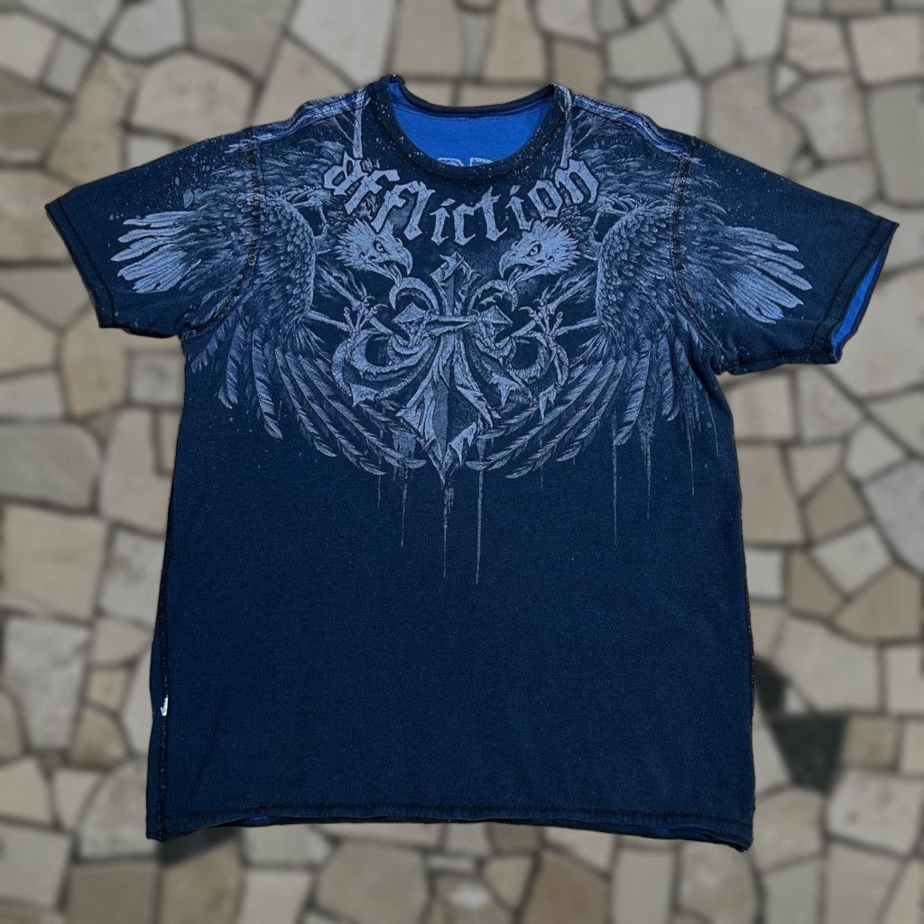 Affliction Affliction T-Shirt Mens Regular Short Sleeve Reversible Blue 100% Cotton Graphic Print Logo Skull Biker Streetwear 30 length 22-1/2 pit to pit Size US L / EU 52-54 / 3 - 1 Thumbnail