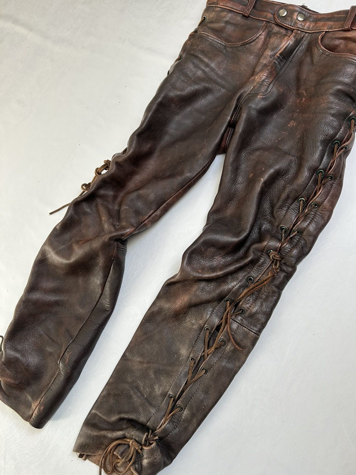 Vintage Heavy Vintage Leather Lace-Up Pants 90s Biker Archive Style Size 32" / US 10 / IT 46 - 3 Thumbnail