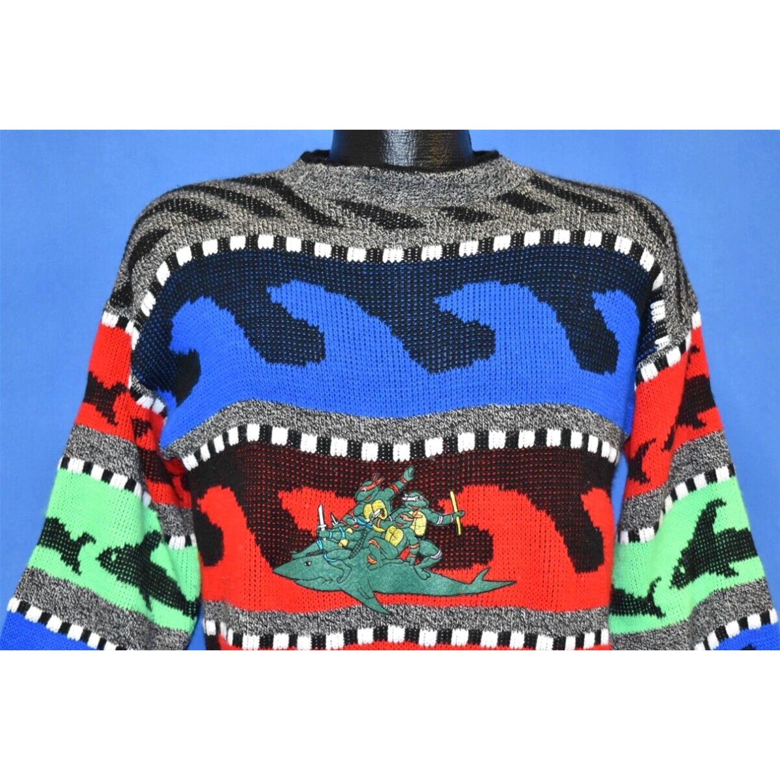 image of Vintage VTG 80's Teenage Mutant Ninja Turtles Sharks Waves Neon Tmnt Pullover Sweater S in White (S