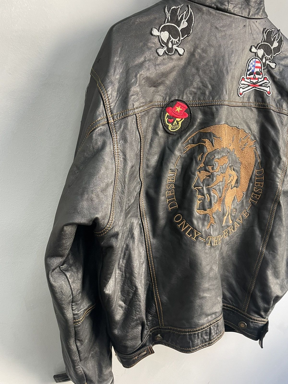 Rare Vintage Diesel Leather Jacket Big Logo Black Y2k