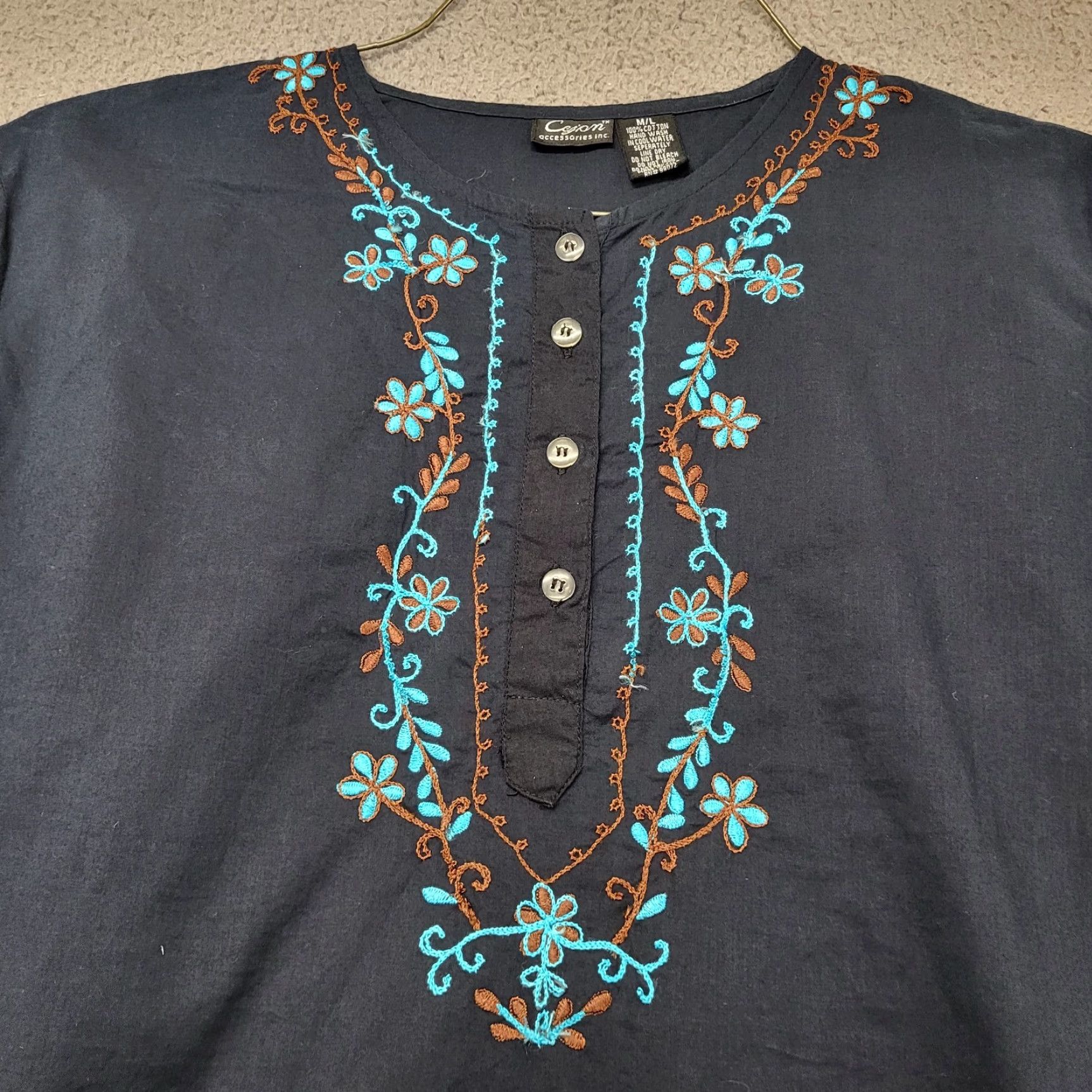 Vintage Cejon Blouse Women's M/L Black Teal Embroidered Long Sleeve Tunic Boho Shirt Dress? Size M / US 6-8 / IT 42-44 - 5 Thumbnail
