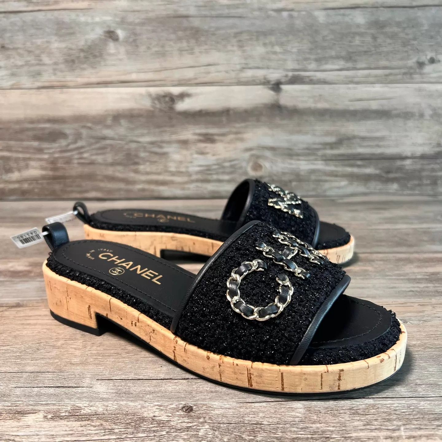 Chanel Chanel Black Chain Tweed Large Logo Slippers Size 36 Size US 5.5 / IT 35.5 - 2 Thumbnail
