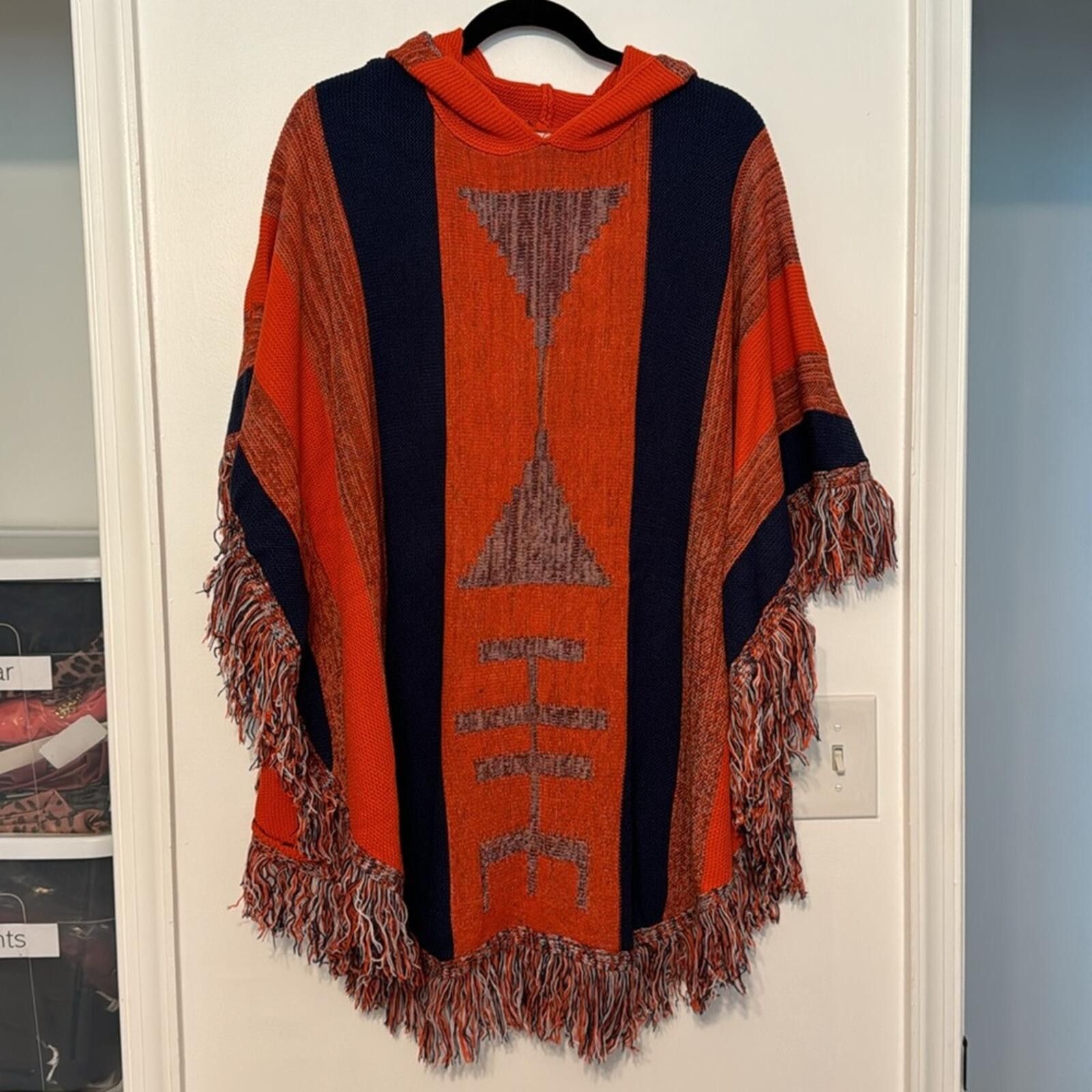 Other Vintage Havana Orange and Navy Fringe Poncho Sweater Size M / US 6-8 / IT 42-44 - 3 Thumbnail