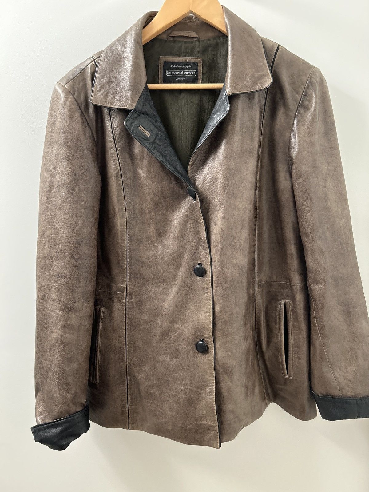 image of Vintage Brown And Black Leather Blazer Jacket Boutique Of Leather, Women's (Size Large)