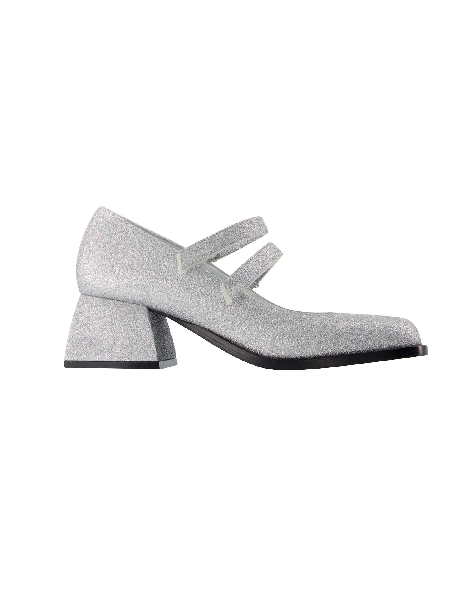 image of Nodaleto Silver Glitter Leather Pumps With Double Straps And Small Heel Shoes in Metallic, Women's 