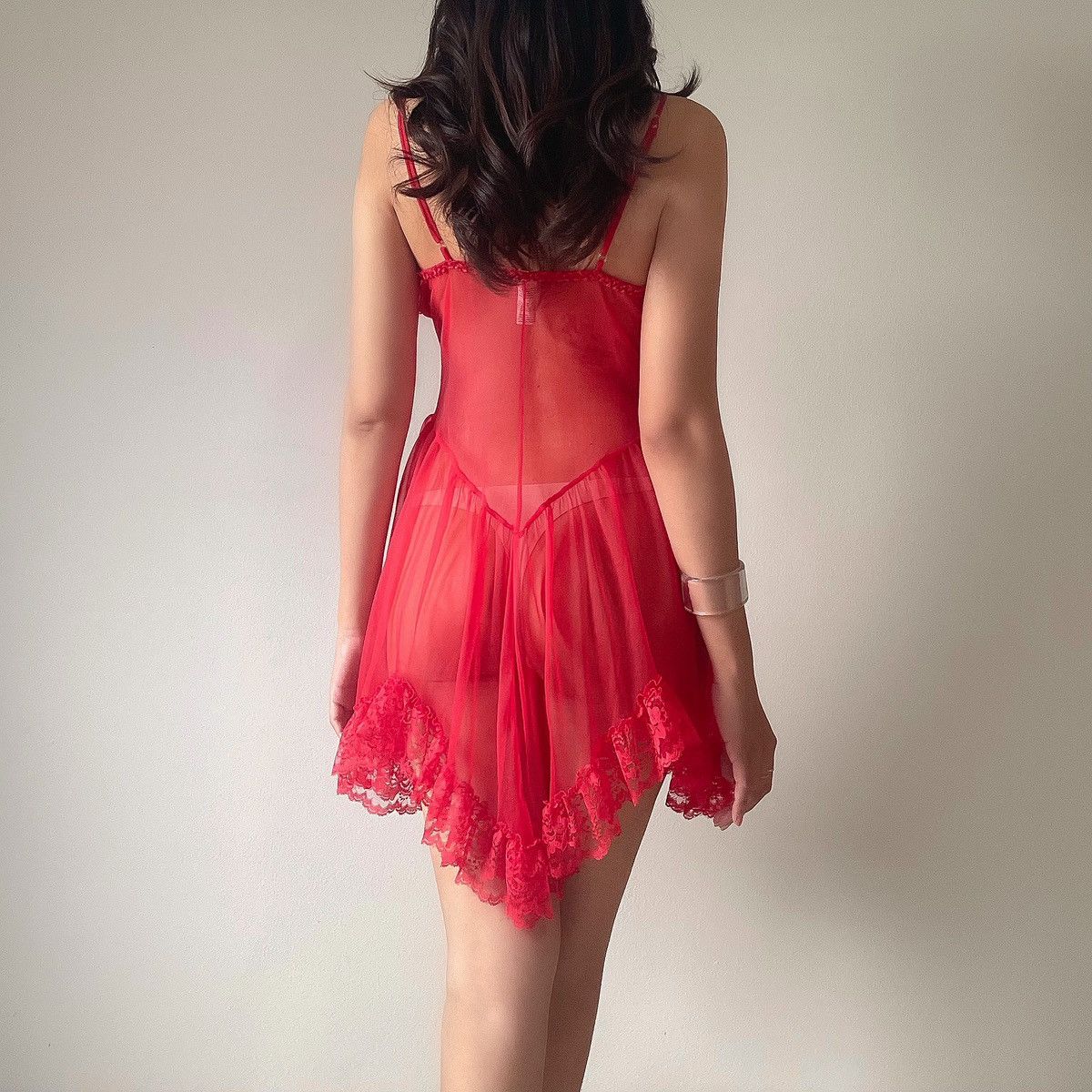 Vintage Romantic Red Lace Ruffled Sheer Slip Dress (M-L) Size L / US 10 / IT 46 - 7 Thumbnail
