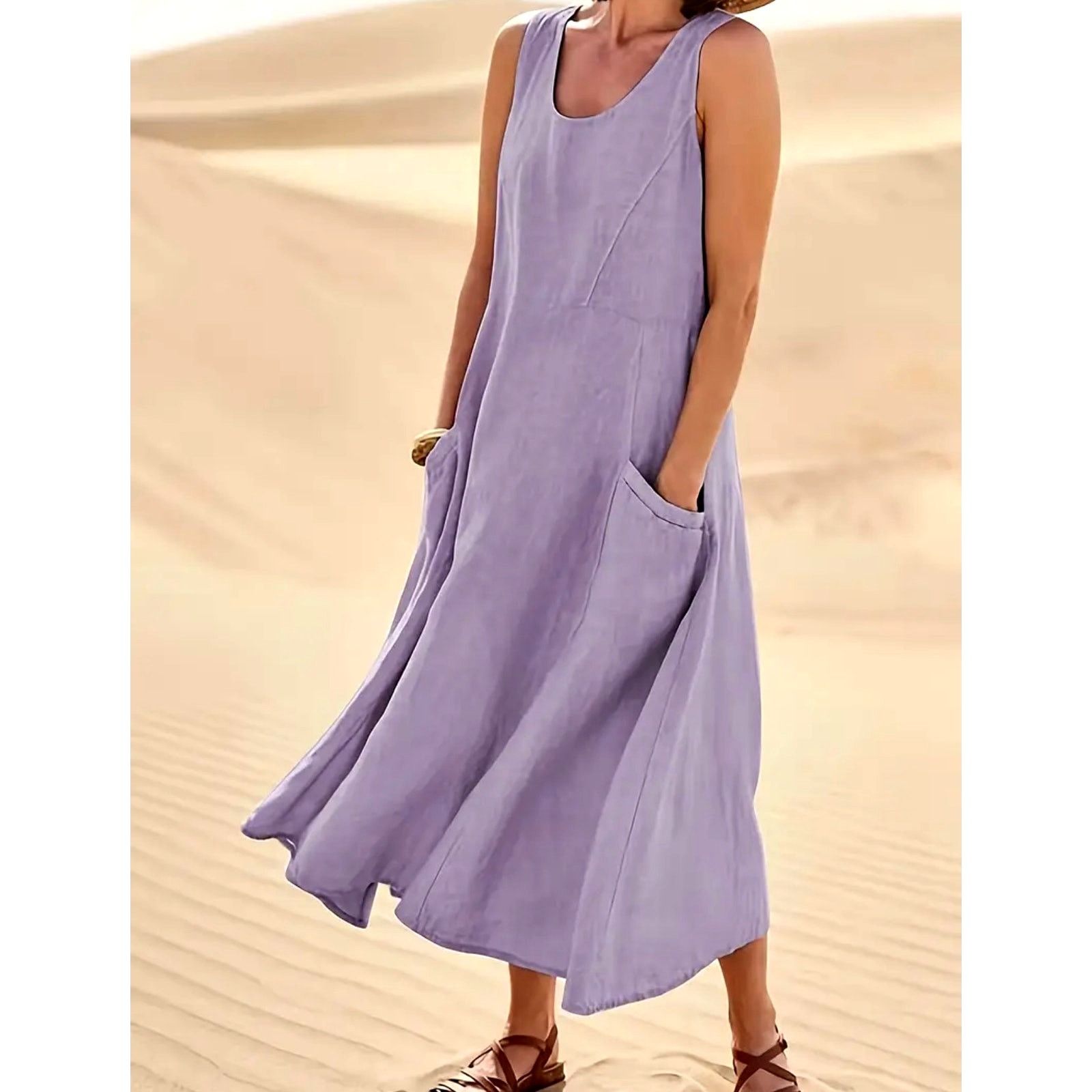 Other Sleeveless 100% Cotton Midi Dress Pockets Violet size 8/10 Size L / US 10 / IT 46 - 3 Thumbnail