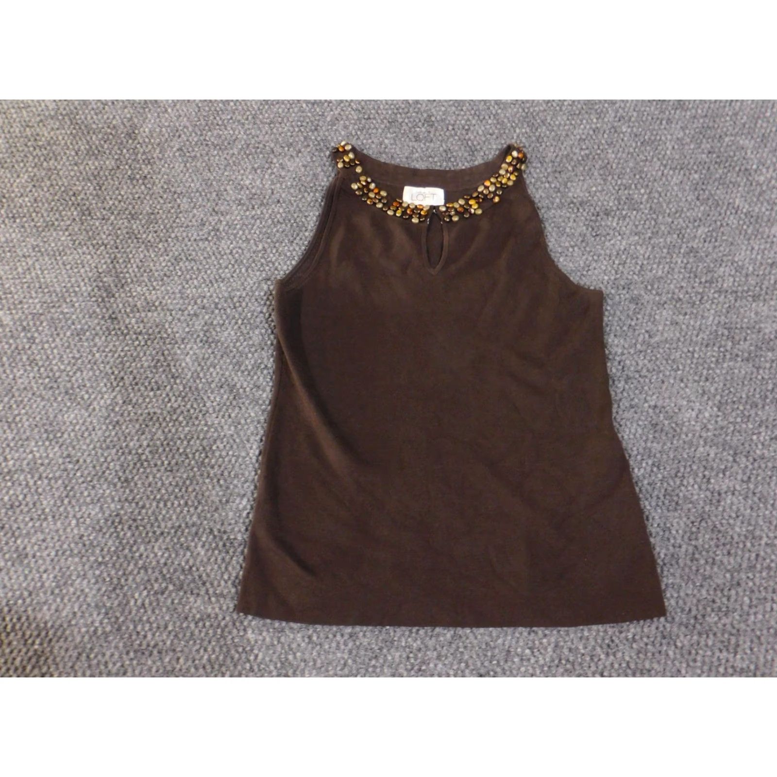 Loft VINTAGE Ann Taylor LOFT Tank Top Womens Small Brown Beaded Silk Blend Keyhole Neck Knit Size S / US 4 / IT 40 - 2 Thumbnail