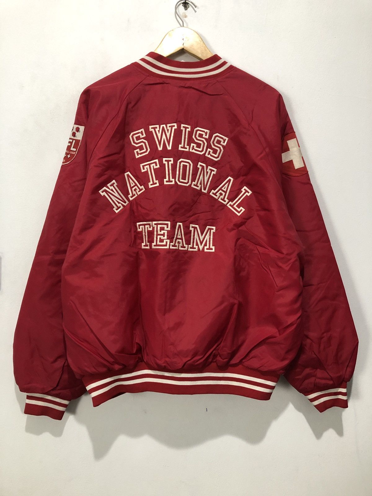 image of Vintage Swiss National Team Football League Varsity Jacket in Red, Men's (Size XL)