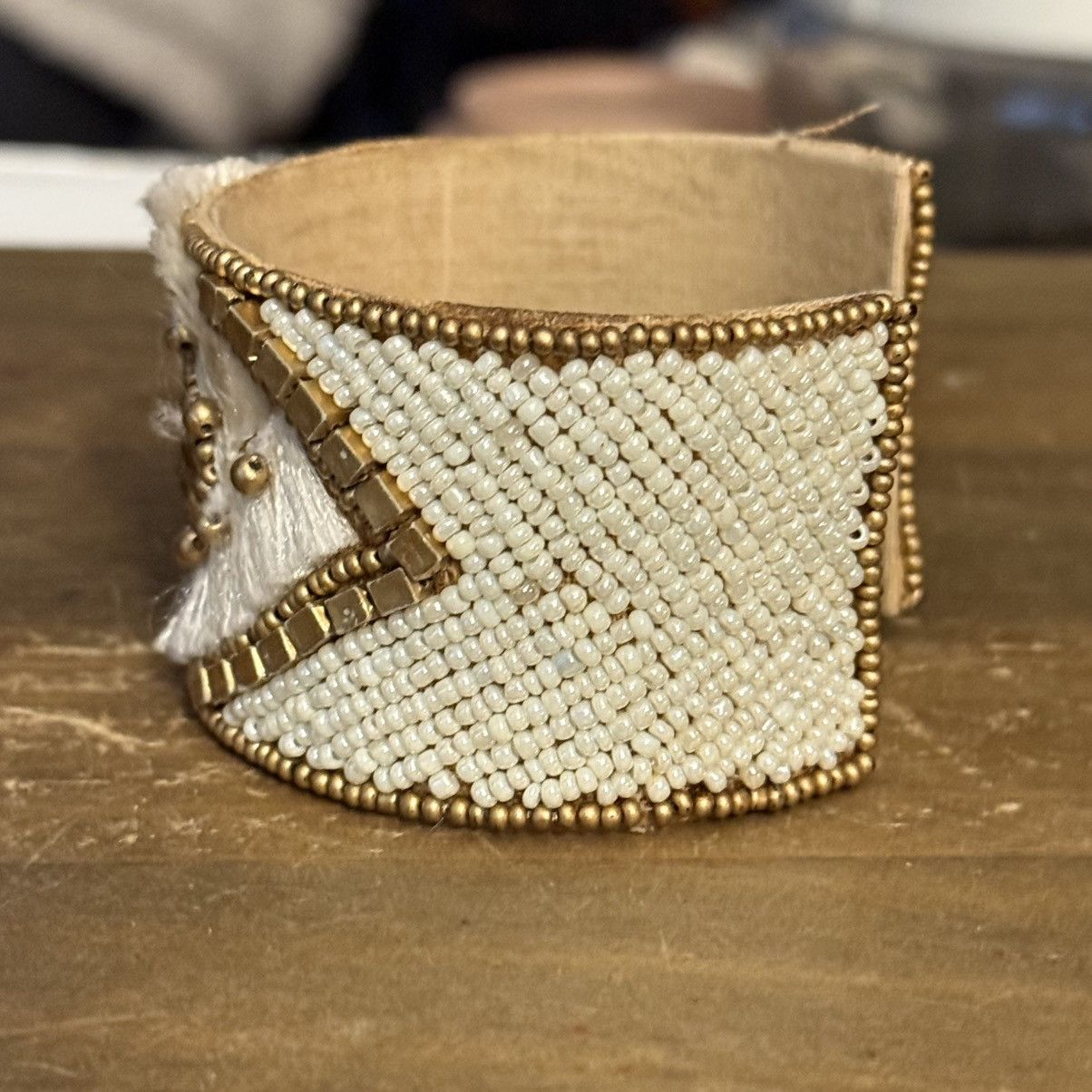 Other Handmade white and gold beaded rhinestone wide cuff bracelet Size ONE SIZE - 6 Thumbnail