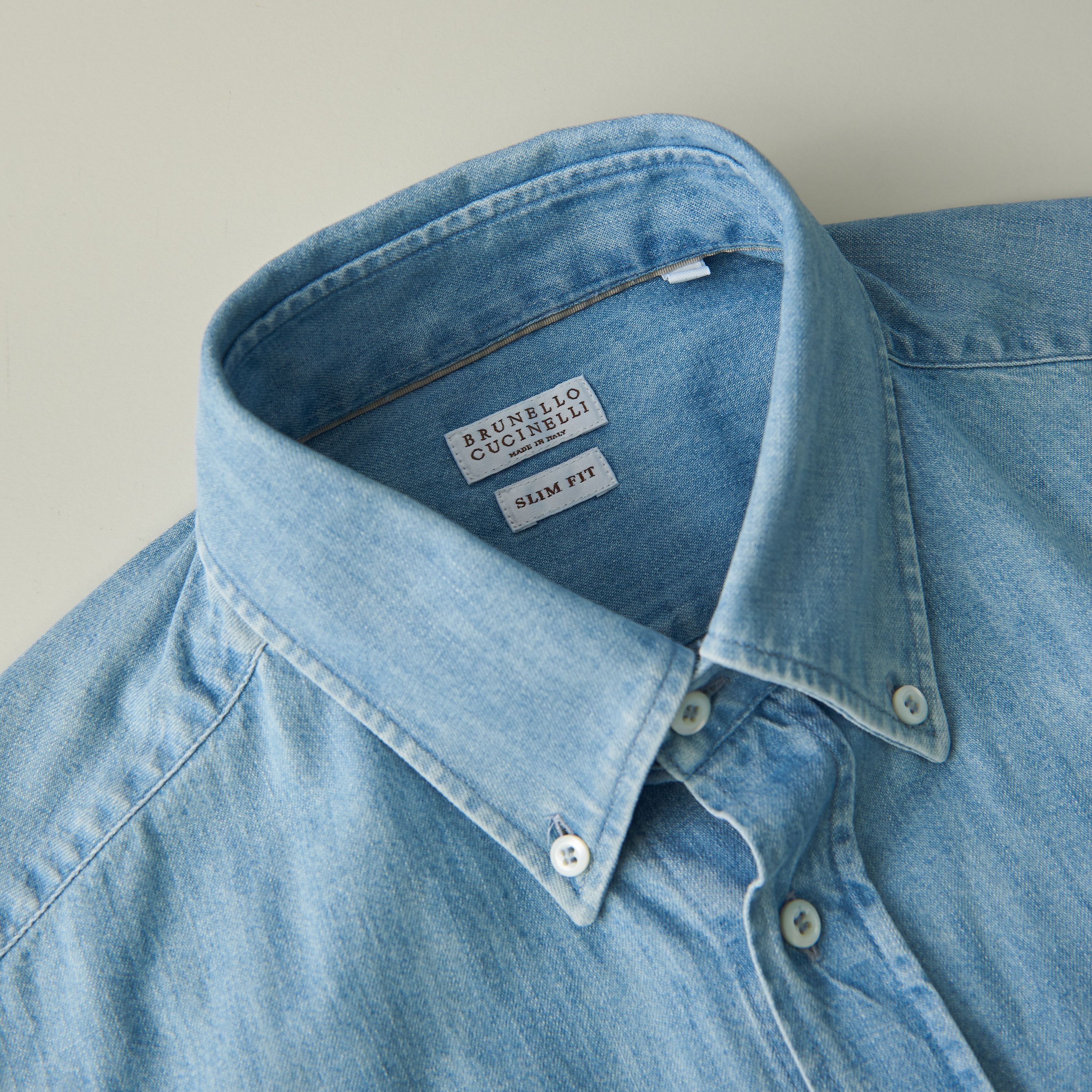 Brunello Cucinelli Denim Shirt - Slimfit, Button Down, Light Blue Cotton Size US M / EU 48-50 / 2 - 13 Thumbnail